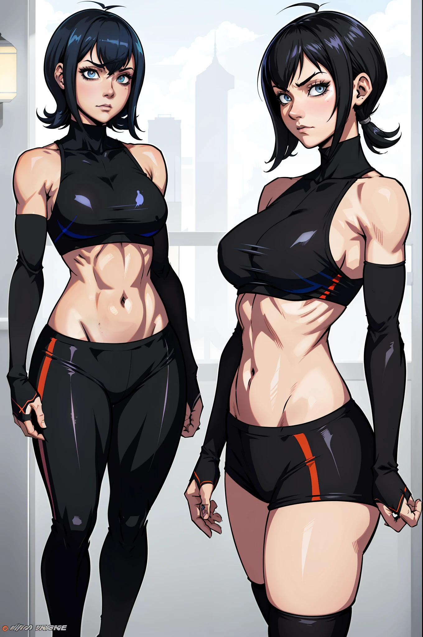 1girl, arte no estilo de Yusuke Murata, garota sozinha, cabelo curto, cabelo preto, olhos azuis, Garota de anime com tatuagens posando em uma roupa preta, arte digital de anime, garota anime sexy,  de anime feminino, arte de anime , muscular!, big oppai , Ilya Kuvshinov, badass anime 8 k, arte de anime, cabelo cuberpunk, roupa sexy, exercise clothes, muito atratente, bikini, sensual,