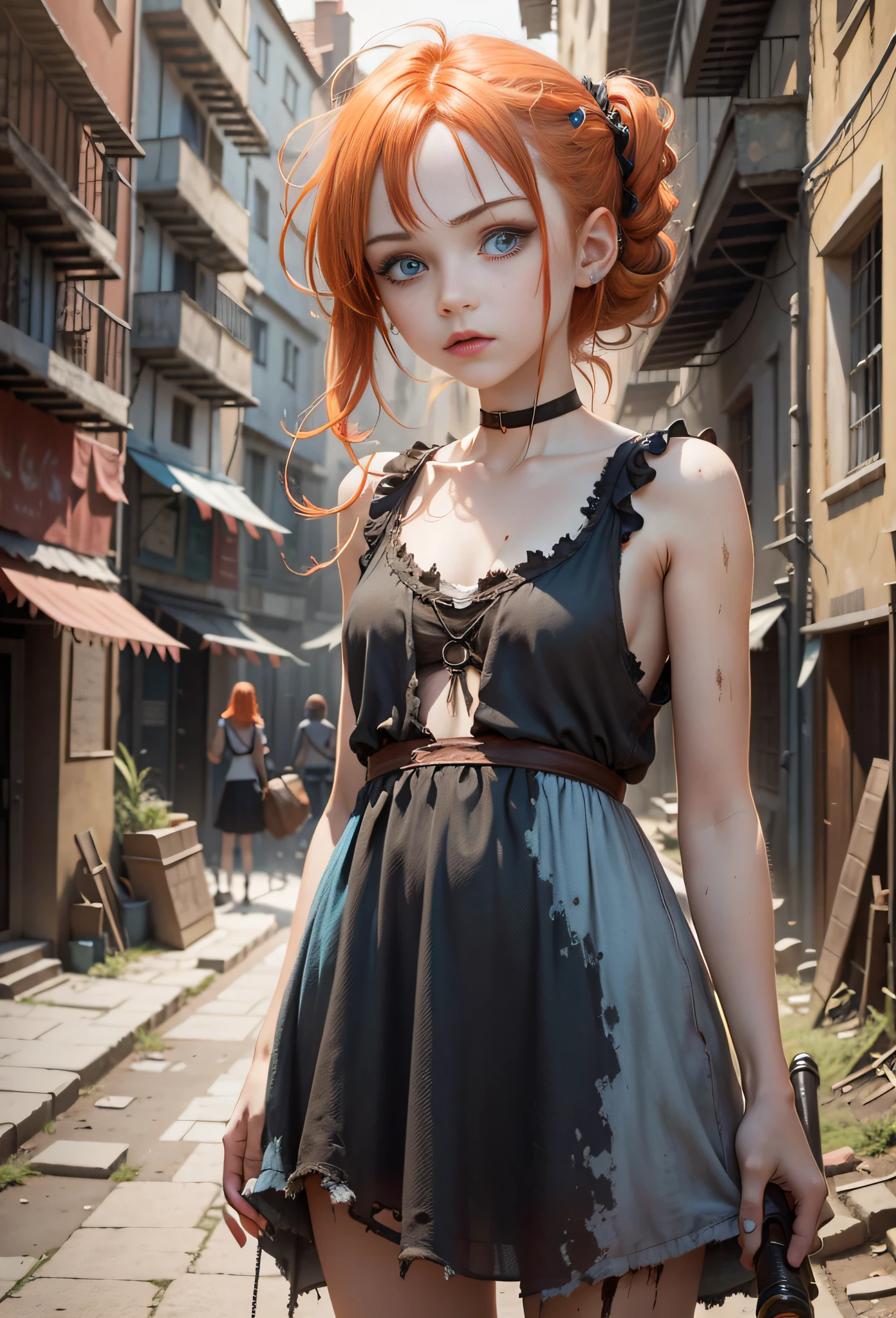 young girl with light blue eyes, dirty red-orange hair flowing down her back, in a tattered and dirty sleeveless short black dress, with a twisted wand in her hand, in a medieval city slum