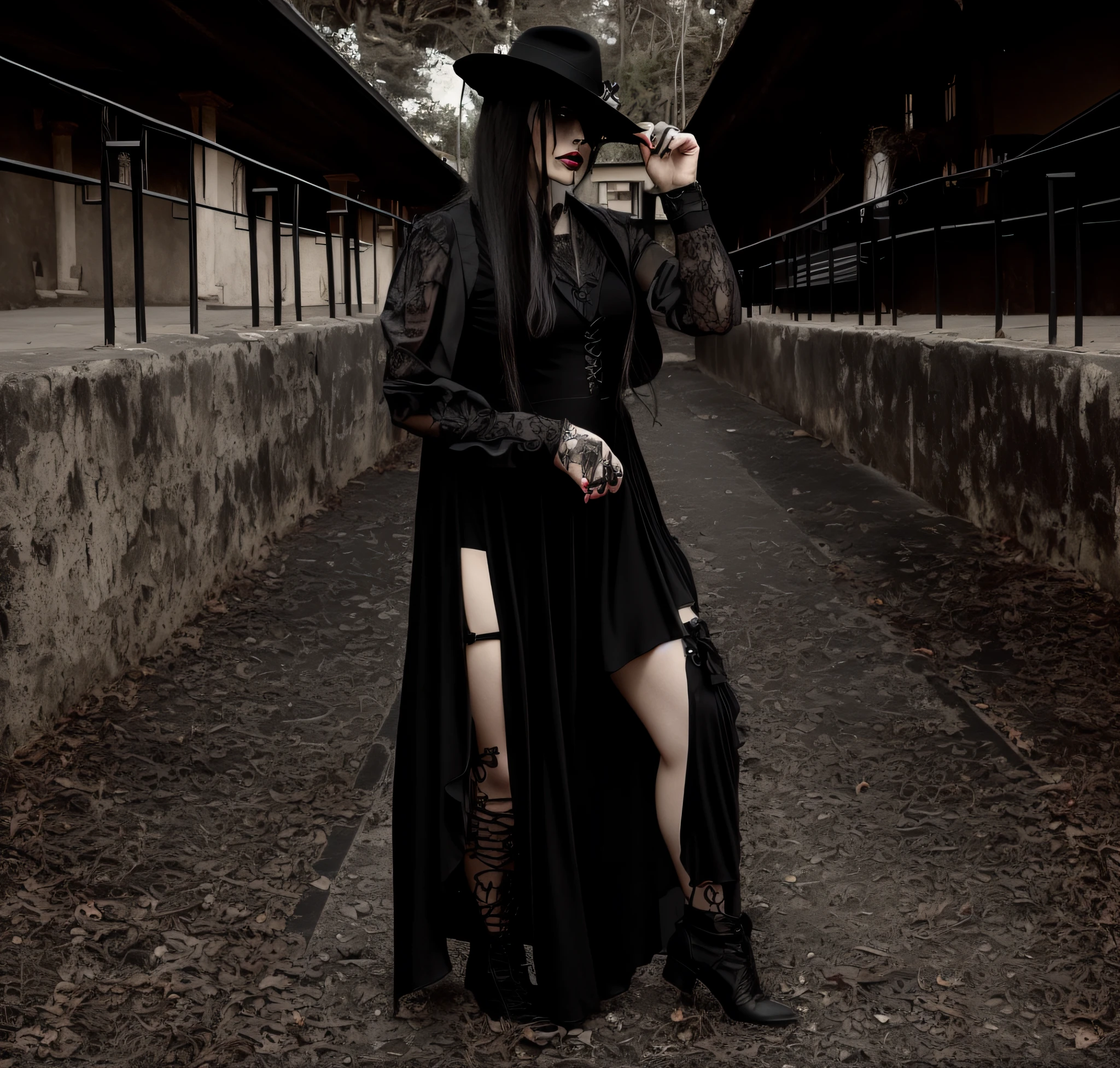Araffe mulher com longos cabelos pretos e tatuagens posando para uma foto, wearing black old dress and hat, Roupa de bruxa, wearing a gothic dress, gothic outfit, wearing modern gothic clothes, goth vibe, gothic horror vibes, goth woman, wearing black dress and hat, gothic clothing, Witchy, roupas witchcore, gothic dress, dark gothic dress, gothic clothes