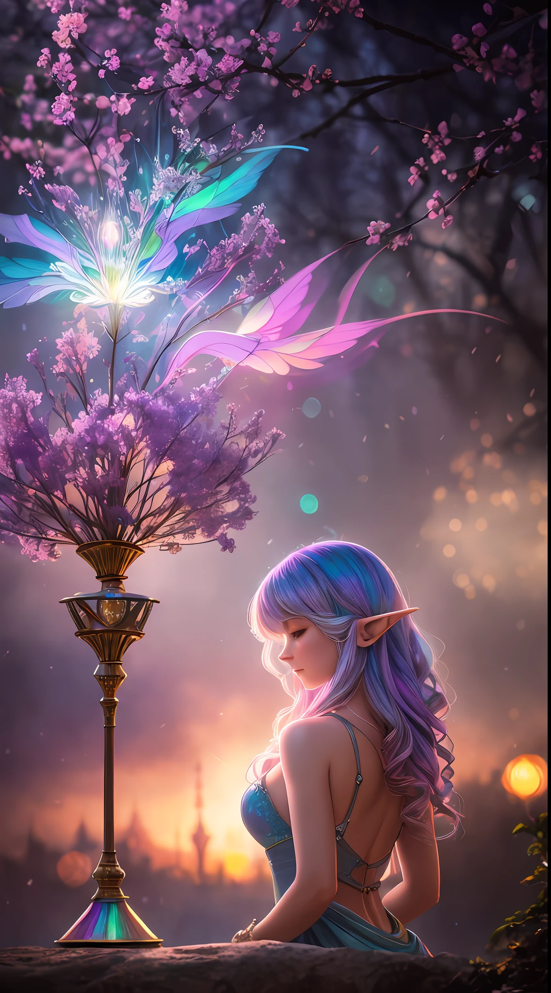 fine art masterclass splash spray trickle daubs of rainbow opaline Prisma Sakuraoil color,Dieselpunk celestial ethereal ghostly elf, HDR, ultra high-detail, centered, bokeh, lens flare, foggy dusk, bloom, light bloom, cinematic lighting, high dynamic range, depth of field, full contrapposto