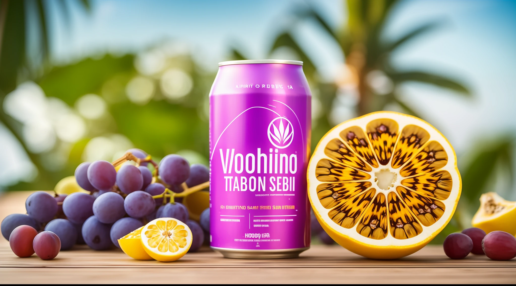 A wooden table, in the middle a 269 ml aluminum can and around it scoby kombucha, passion fruit, grape, lemon, hibiscus, sunny beach background, hdr, intricate, highly detailed, sharp focus, cinematic look, hyperdetailed