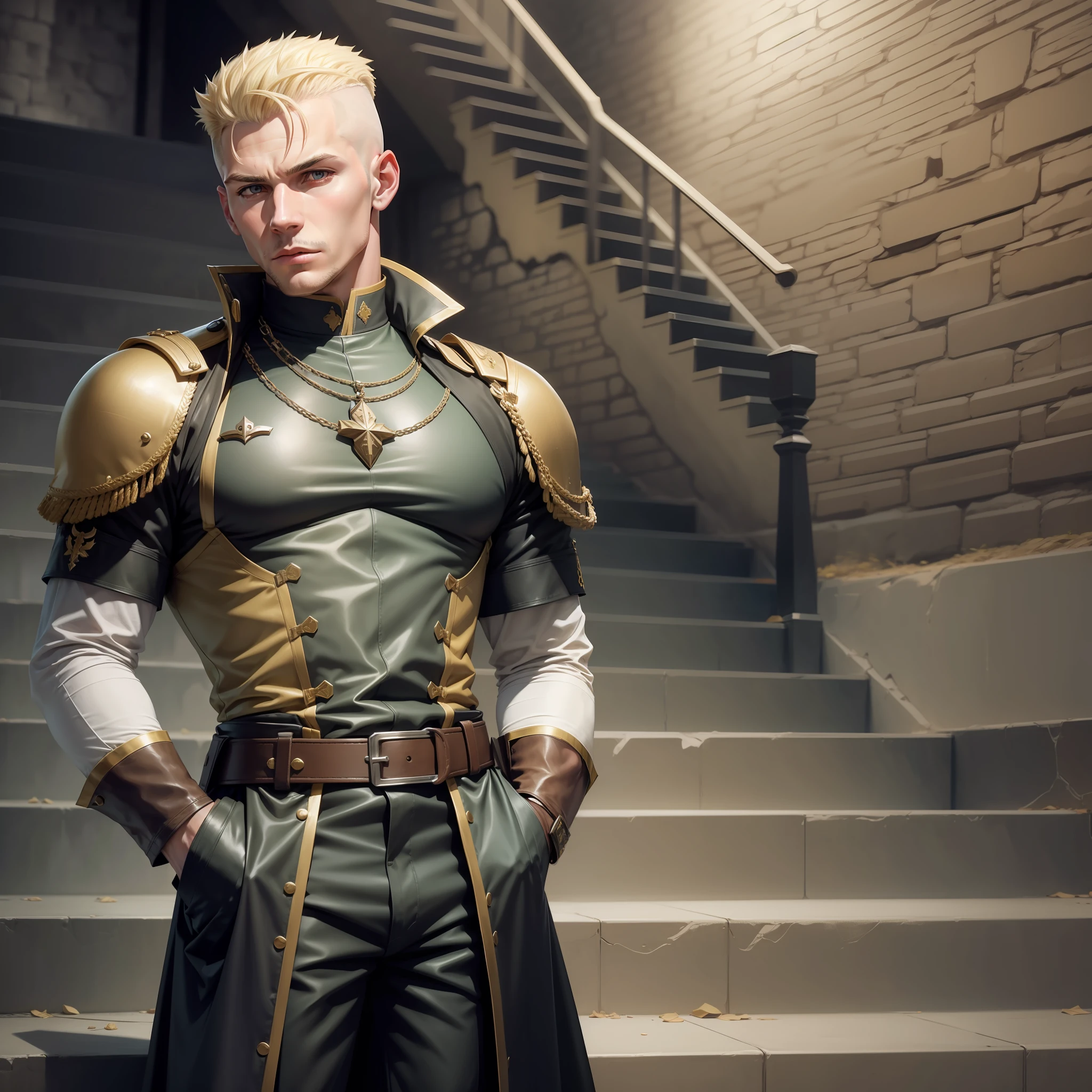 Realistic image of a blonde man with shaved hair on the sides in military style, forte, Dress in black cleric's clothes with shoulder pads, Down a staircase from a dungeon