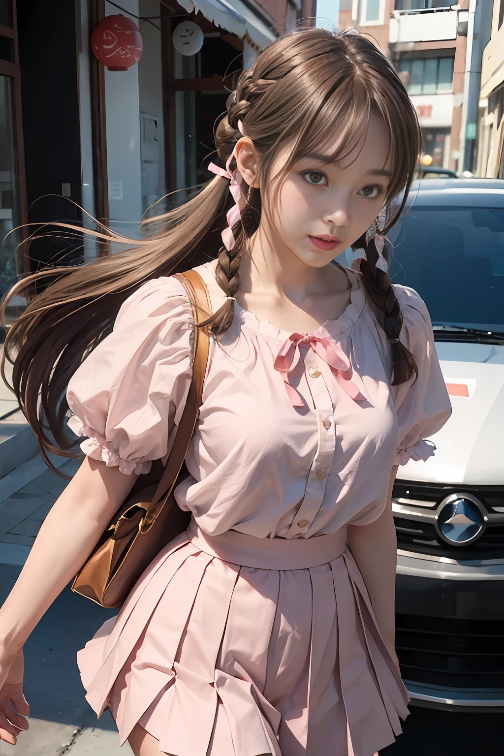 mizuhara chizuru (rent a girlfriend) lives in real life, and has features:bangs, long hair, braid, brown hair, brown eyes, white skirt, red ribbon, pink shirt, pleated skirt, neck ribbon, puffy short sleeves