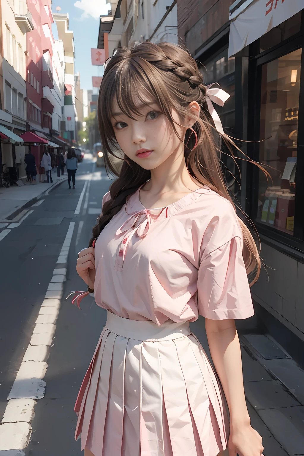 mizuhara chizuru (rent a girlfriend) lives in real life, and has features:bangs, long hair, braid, brown hair, brown eyes, white skirt, red ribbon, pink shirt, pleated skirt, neck ribbon, puffy short sleeves