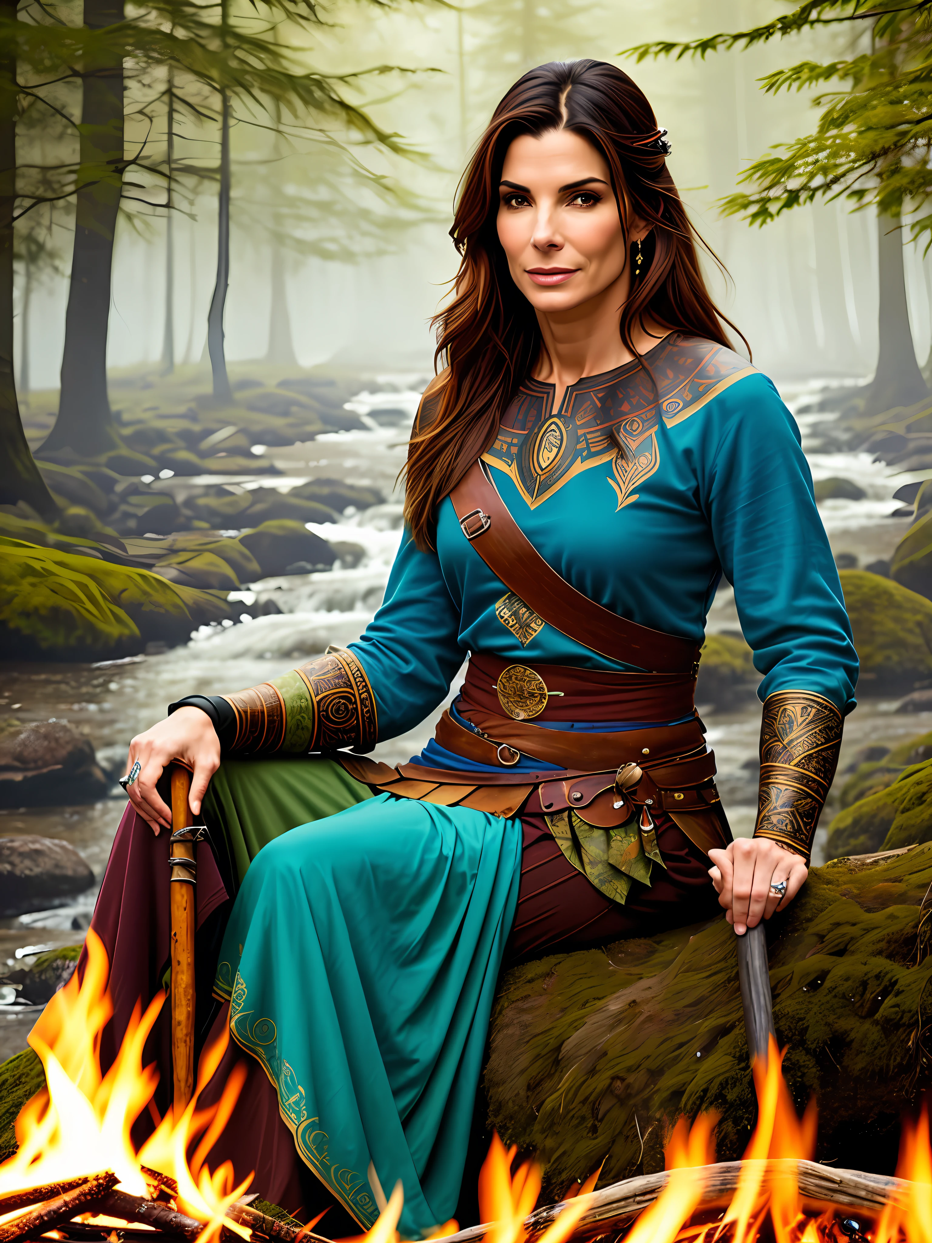 Sandra Bullock is a very beautiful woman, she is smiling, A Viking warrior sitting near a fire at dawn in the middle of a forest on the edge of a stream, The vegetation is green and the lights pass through the leaves of the trees, A soft mist covers the environment, roupas brancas e douradas e detalhes pretos, tatuagens celtas para o corpo. Estilo cartoon, colorido, bidimensional
