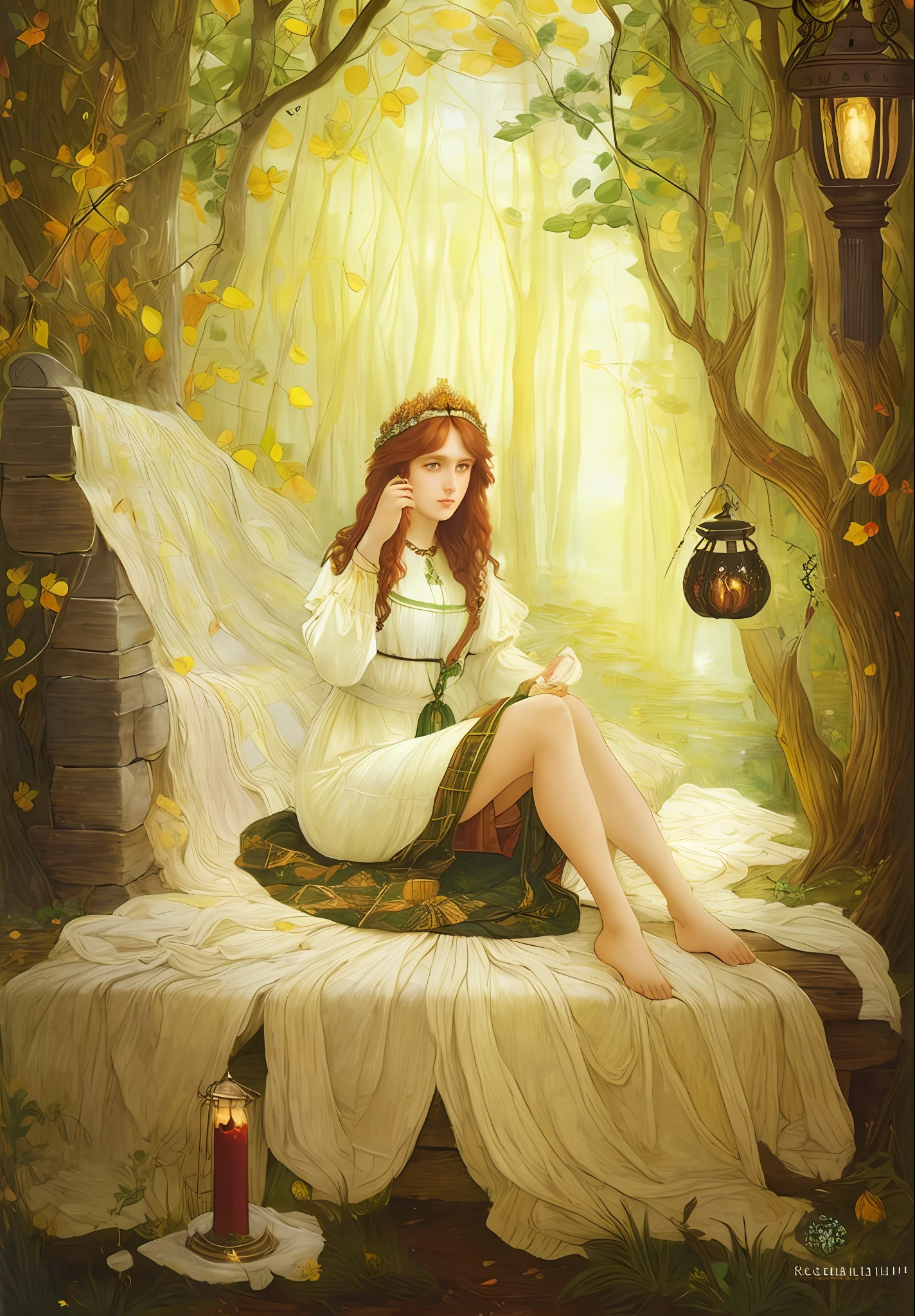 (((Pre-Raphaelite painting))) Celtic druid with plaid clothing makes a libation in the fire, with an ancient lantern, bonfire, offering in the fire, stunning crown over the head, old woman, golden and autumnal tones, night.