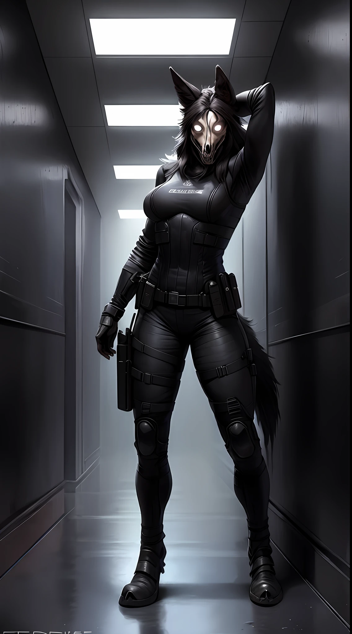 Female mal0, mal0, skullwolf, very tall, to tall for room, anthro, female, small breasts, athletic, wearing ultility belt, wearing tactical vest, SCP MAL0, MALO, FEMENINE BODY, BIG_BREASTS, BLACK FUR, WHITE EYES, SKULLDOG, BIG THIGHS, FLUFFY FUR, MESSY BLACK HAIR, putting hands over their head for surrender, wearing black tactical latex suit, covering, featureless_crotch, shaking in fear, scared, afraid to be shot, standing in a laboratory corridor, black goo on the floor, red alarm lights fill the room, detailed scared face, detailed black fur, masterpiece, realistic, hyper realistic, reflective walls, dark scenery, artist: taran_fiddler, highest quality