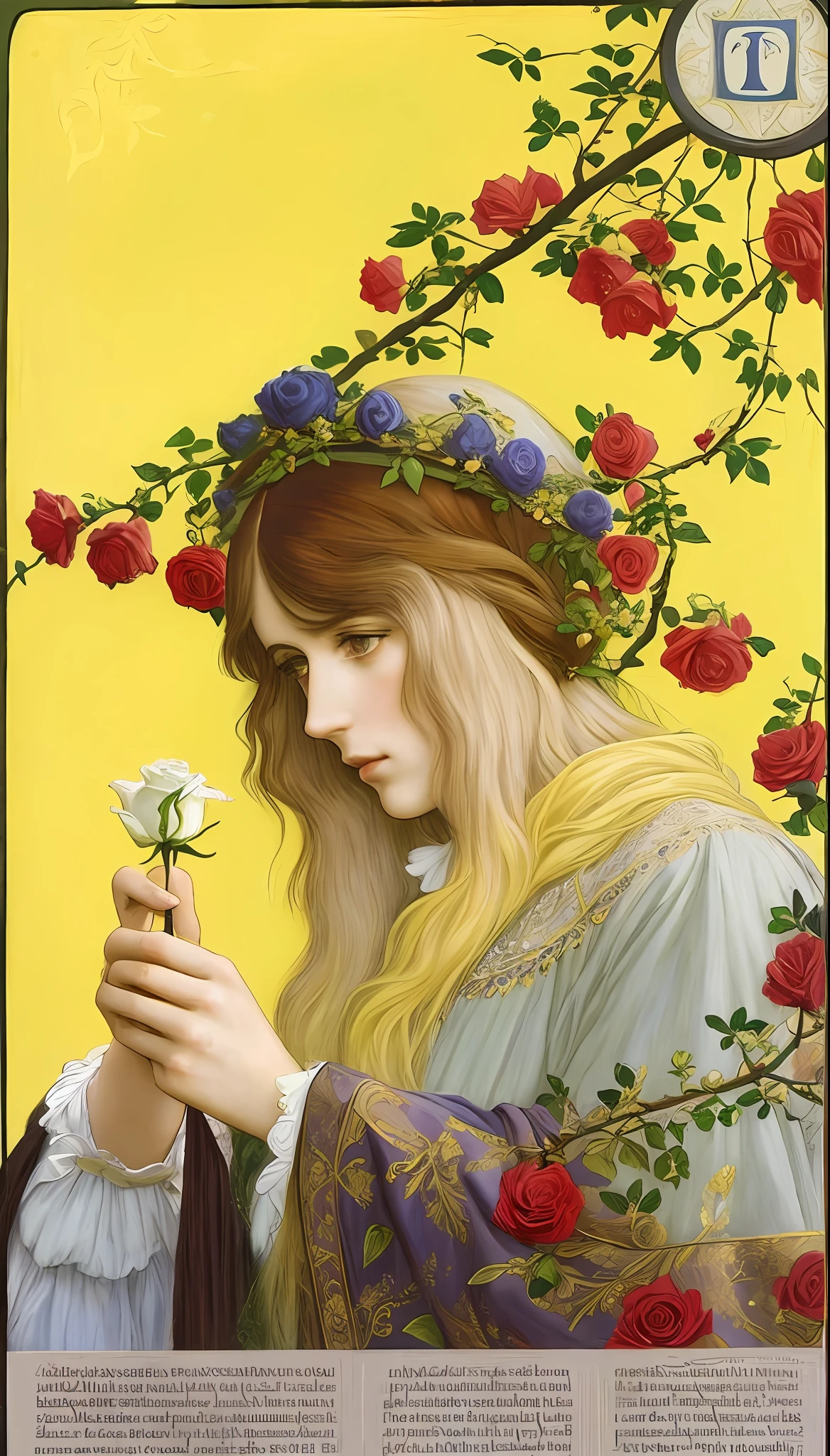(((Pre-Raphaelite painting))) Tarot card, an old man, long white hair, wearing an elegant suit, a rose in one hand, sunny day