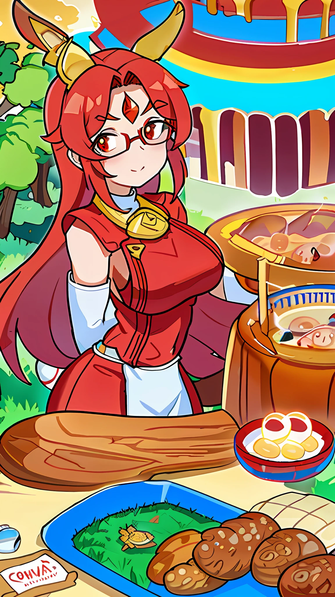Cabelo vermelho, Morena, olhos castanhos, baixinha, roupa de frio, chifrinho, presilha, round glasses, solo, neko, orelha de raposa, cauda de raposa, cauda vermelha, orelha vermelha, asas de anjo, feminina, big boobs,