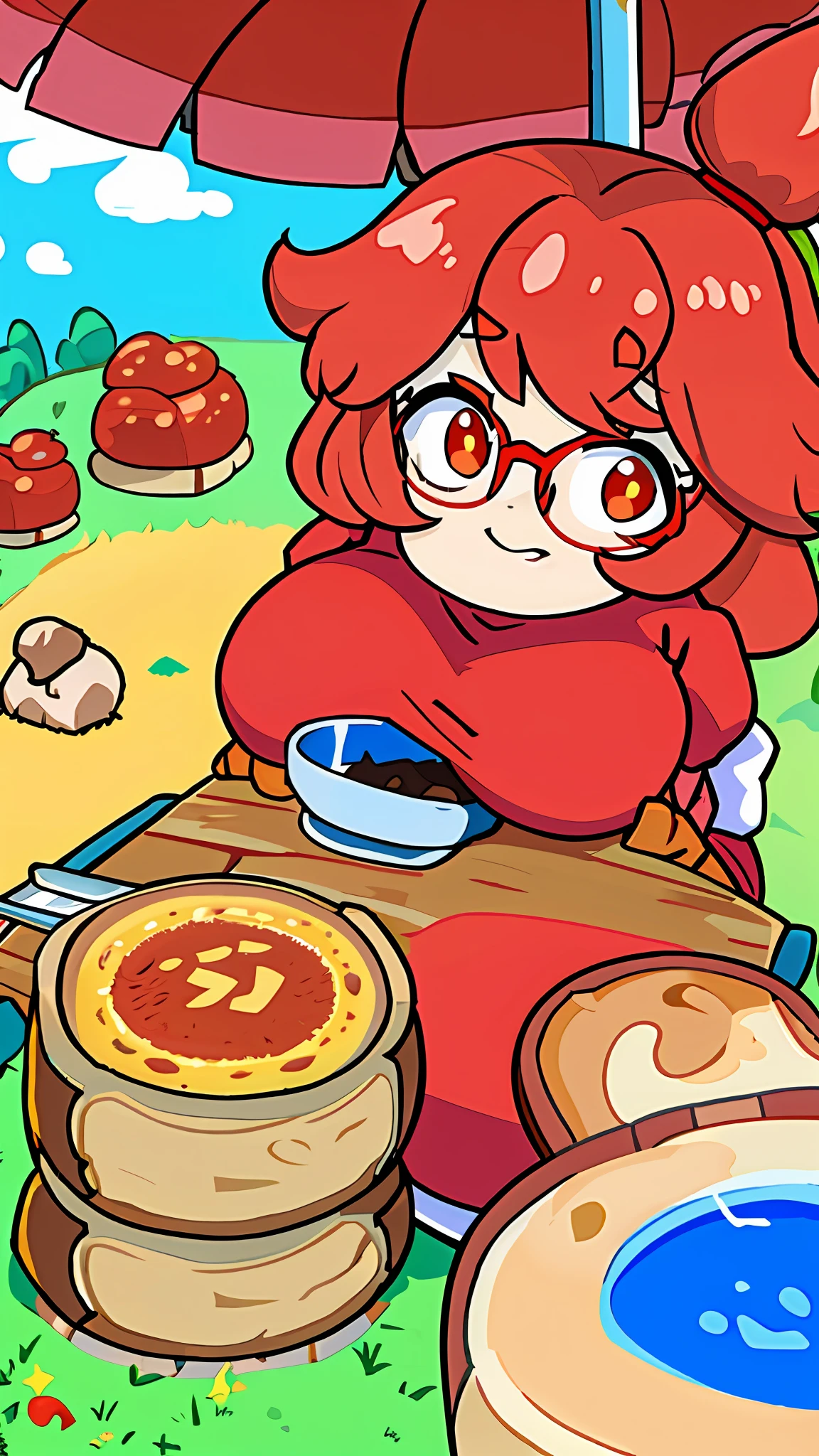 Cabelo vermelho, Morena, olhos castanhos, baixinha, roupa de frio, chifrinho, presilha, round glasses, solo, neko, orelha de raposa, cauda de raposa, cauda vermelha, orelha vermelha, asas de anjo, feminina, big boobs,