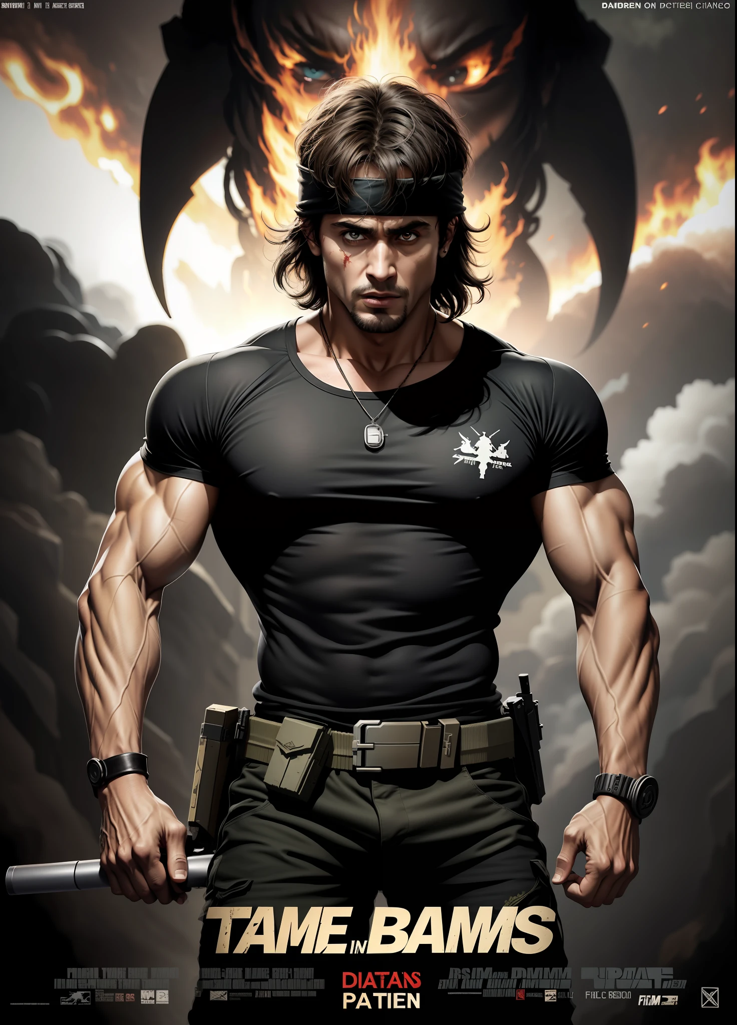 rambo com t-shirt preta, dispara arma grande, in action, cartaz do filme