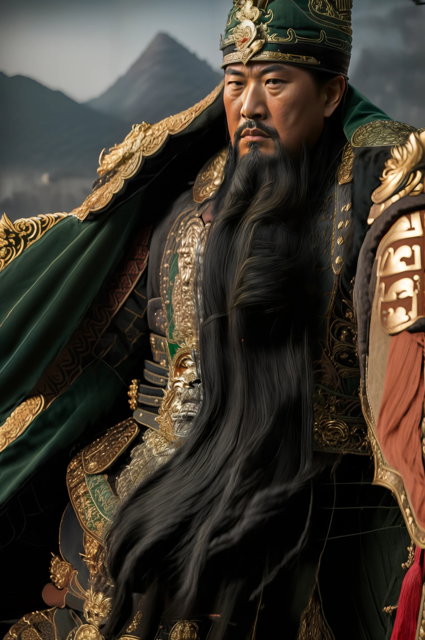 The whole body, including the crown of the head, is in the picture, (green clothes, fearless and intelligent face, (colored skin), (waist-length, heavy black beard): 1.2), (clothes of the Three Kingdoms era: 1.2), long pants, (insanely detailed, bloom: 1.5), (best quality, photo, 4K), (photo: 1.2), (high sharpness), (detailed pupil: 1.1), (photo: 1.1), detailed face and eyes, Masterpiece, Top Quality, (HD Photo:1.1), 8k, Photorealistic, (Black Hair Color), (pureerosface_v1:0.2), [:(More Face:1.2):0.2], Sharp, Real, Real Shadow, (Chinese Castle Background: 1.2), Guan Yu alone.