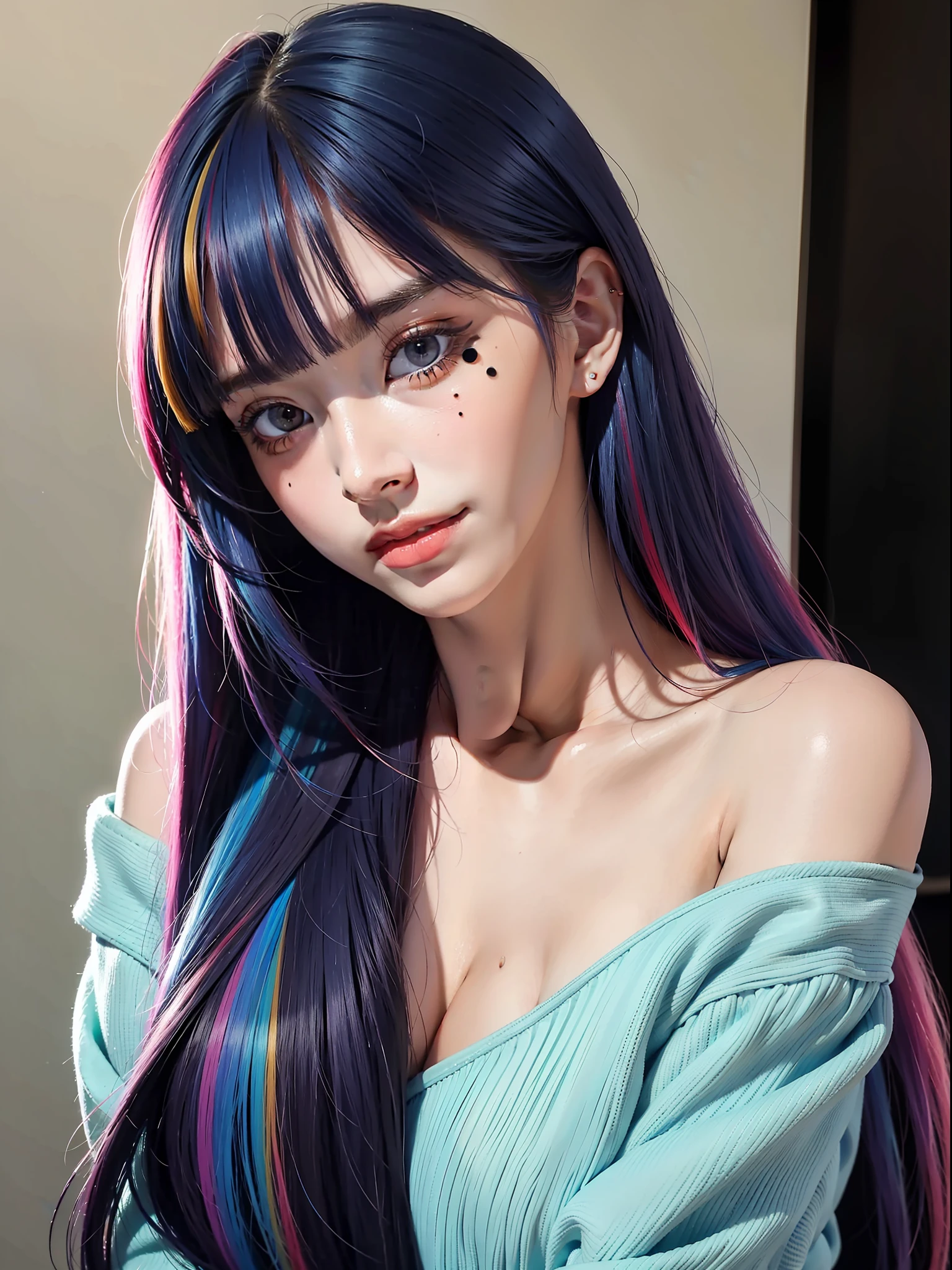 Best quality, masterpiece, super high resolution, multicolored hair, long hair, two moles under the eyes, gradient eyes, eyeballs, shyness, smile, evil, off-the-shoulder, character setting, close-up, surrealism, UHD, award-winning, bust, colourful hair, ((blunt bangs)), blue eyes, really beautiful face, super beautiful face