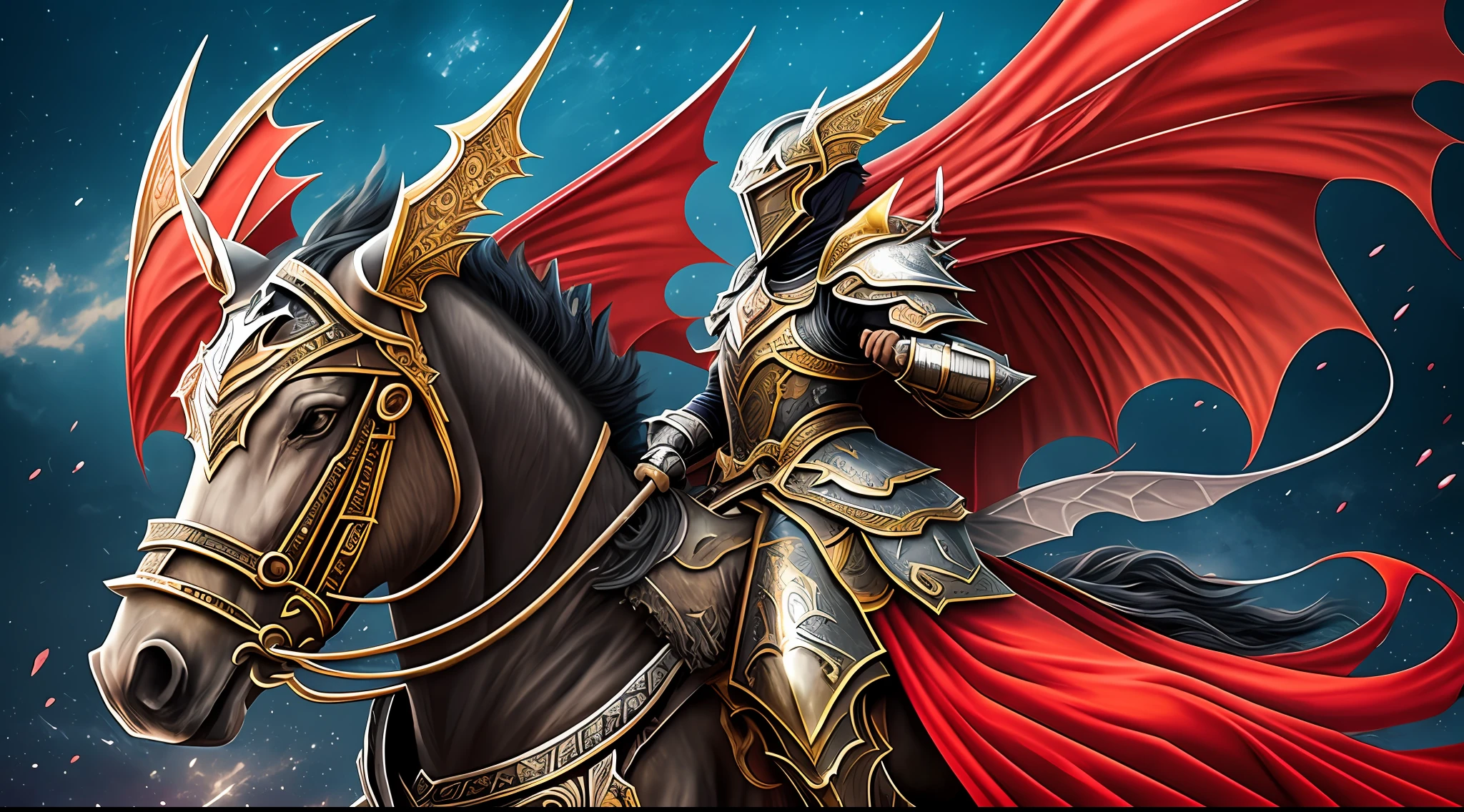 (8K HD illustration, The pinnacle, The most detailed rendering),(Dark Magic Wind, Red tone, Black armor and red clothes, A red-armored knight full of determination and courage), Full screen angle, Side instantly, The red armor against the black background shows the charm of the red armor, The lens is dynamic, Between about 45 degrees and 60 degrees, The character rides a horse extremely fast,And a gorgeous horse, A dragon head with open wings is engraved with a magic tattoo, Fierceness in attack, The light outside the body is beginning to appear, High quality metal texture, A weapon with a unique personality, A red magic brilliance emerged, Show the rolling mountains in the distance, Bright moonlight against the starry sky, Extreme image quality and smooth brushstrokes bring the work to life. --auto --s2