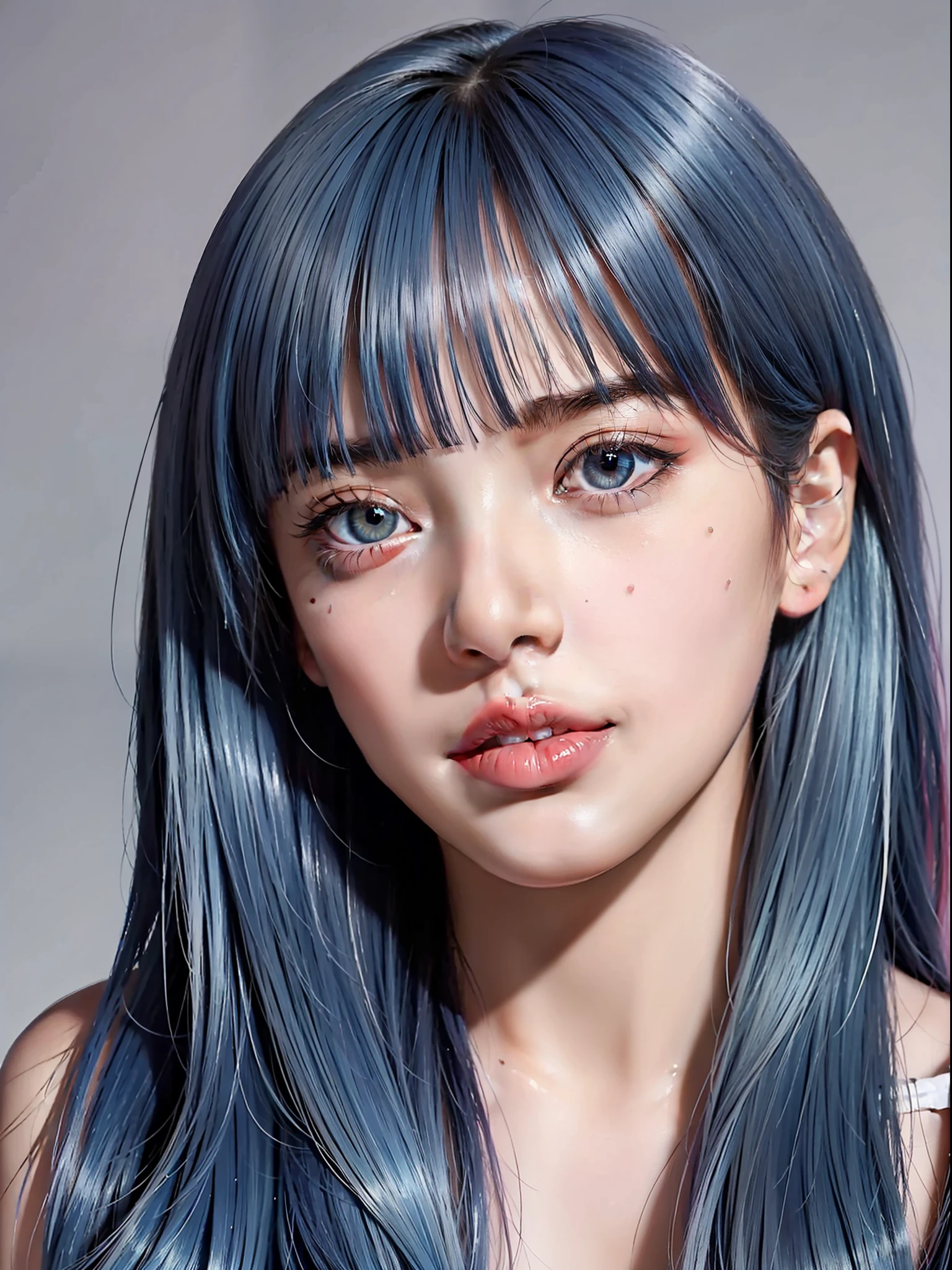 Best quality, masterpiece, super high resolution, multicolored hair, long hair, two moles under the eyes, gradient eyes, eyeballs, shyness, smile, evil, off-the-shoulder, character setting, close-up, surrealism, UHD, award-winning, bust, colourful hair, ((blunt bangs)), blue eyes, really beautiful face, super beautiful face