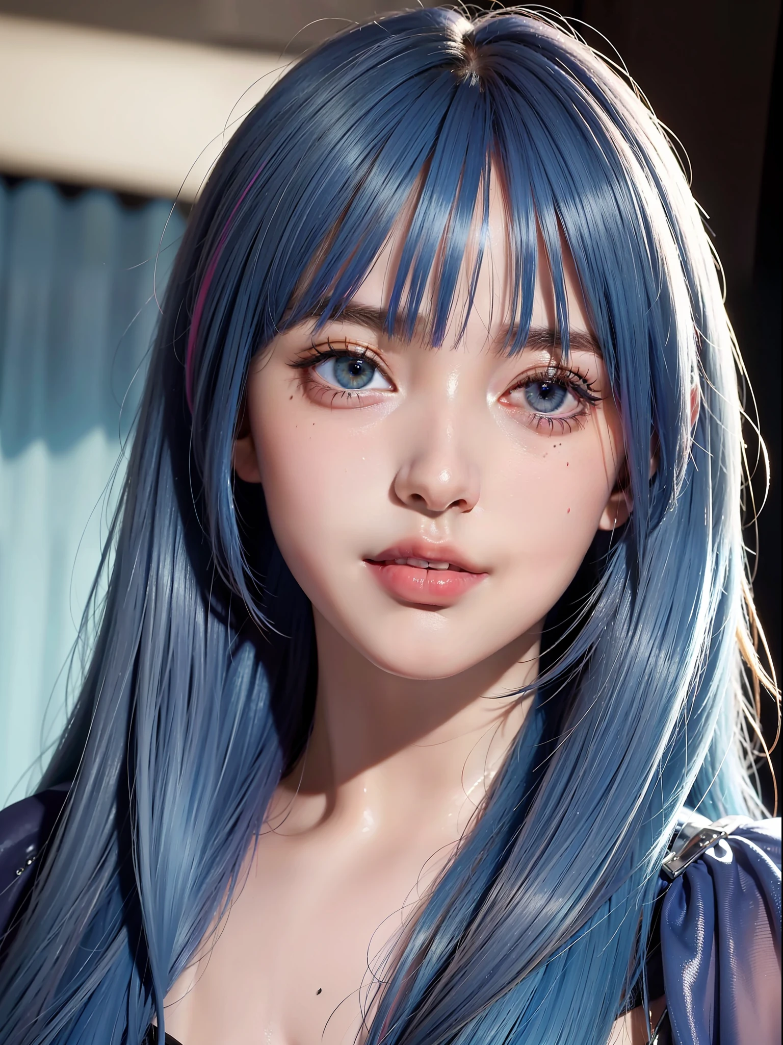 Best quality, masterpiece, super high resolution, multicolored hair, long hair, two moles under the eyes, gradient eyes, eyeballs, shyness, smile, evil, off-the-shoulder, character setting, close-up, surrealism, UHD, award-winning, bust, colourful hair, ((blunt bangs)), blue eyes, really beautiful face, super beautiful face