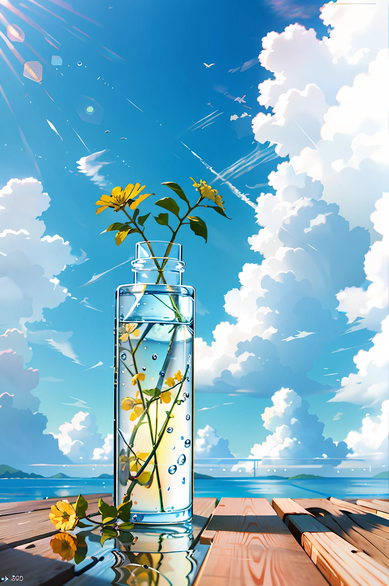 Hyper realistic scene, cosmetic bottle surrounded by yellow flowers, blue sky background, water, sunlight, low angle view, blender, product rendering, HD 8K. --v6
