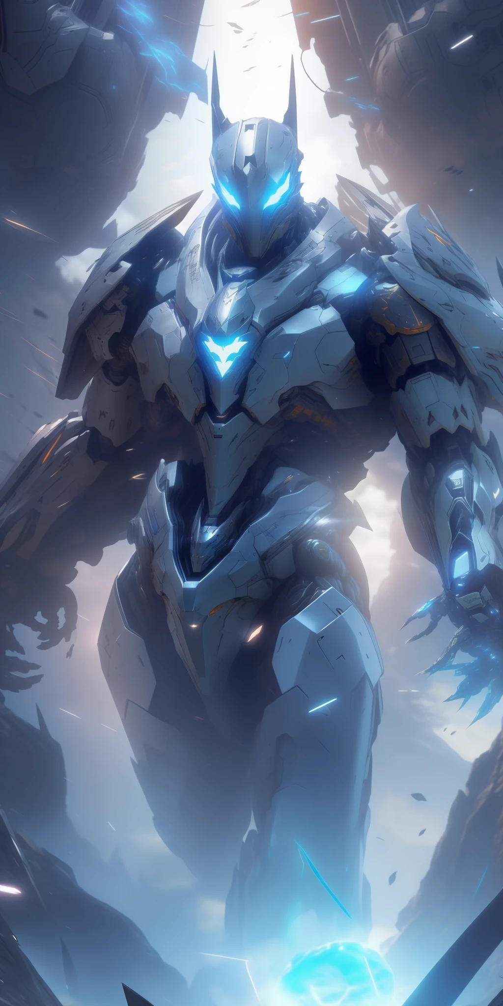 A closeup of a Batman standing in front of a mound of water, intrincada armadura mecha brilhante, este personagem tem Hidrocinese, terno mecha, Armadura refletida da cor do gelo da lasca, coberto com armadura de Metal preto completa, Estilo de mecha legal, ethereal and mecha theme, Arte Warframe, anime mecha aesthetic, cybernetic suit, Armadura Mecha, (armadura da cor preta com azul)
