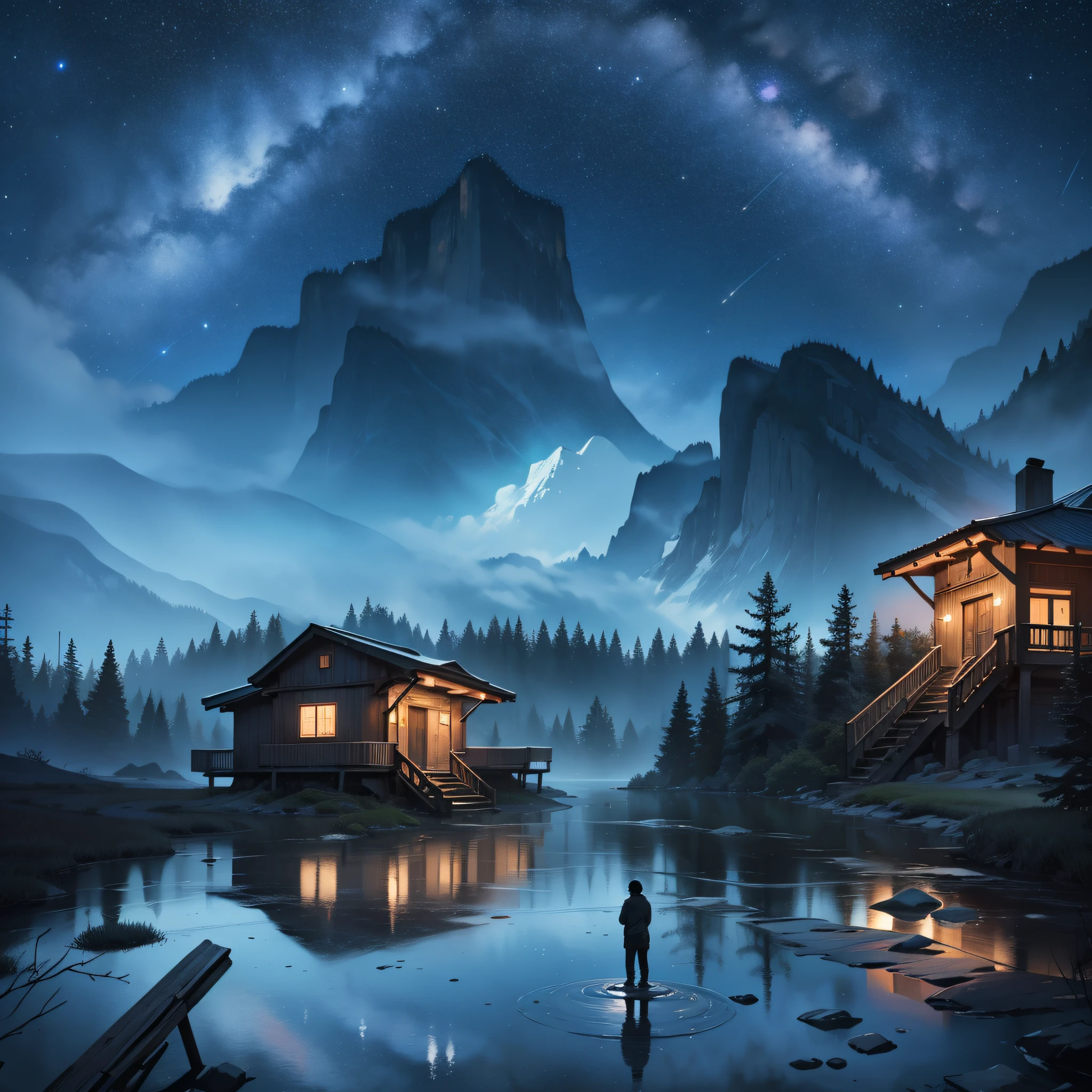A weary miner watches the enchanting night view from the balcony of a rustic wooden cabin perched on a mountainside, the vast expanse of twinkling stars above. The miner leans against the wooden railing, captivated by the serene beauty. The cabin overlooks a deep valley, embraced by towering peaks and lush forests. A gentle breeze rustles through the leaves, creating a soothing melody. The atmosphere is tranquil and contemplative, evoking a sense of solitude and reflection. The miner's tired face reflects both exhaustion and a sense of fulfillment. The image is captured through a black and white photography style, using a vintage film camera with a wide-angle lens, capturing the depth of the night sky and emphasizing the miner's solitary figure against the vastness of the landscape.