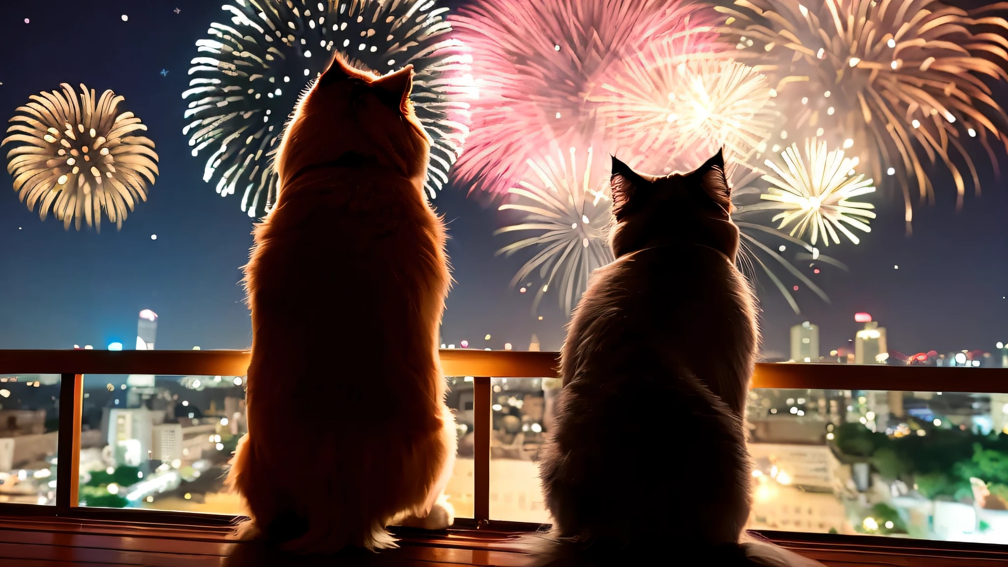 Watch a Persian cat watching fireworks from behind