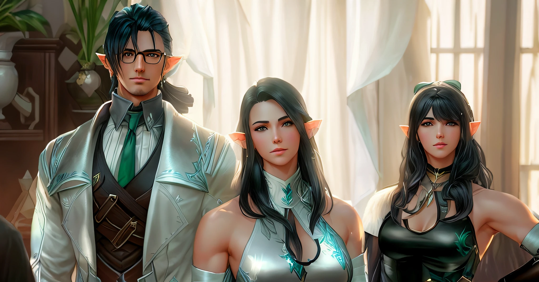 There are three elven people next to each other in a room, estilo final fantasia 14, Tifa Lockhart com cabelos brancos, estilo de jogo square enix, Sakimichan e Frank Franzzeta, Estilo final + fantasia + 1 5, medium shot of two characters, thancred waters in style of wlop, Desde NCSOFT, usando roupas formais de fantasia, homem com cabelo branco, blue eye color and black glasses and middle woman with black hair with green eyes, outra mulher com cabelo branco
