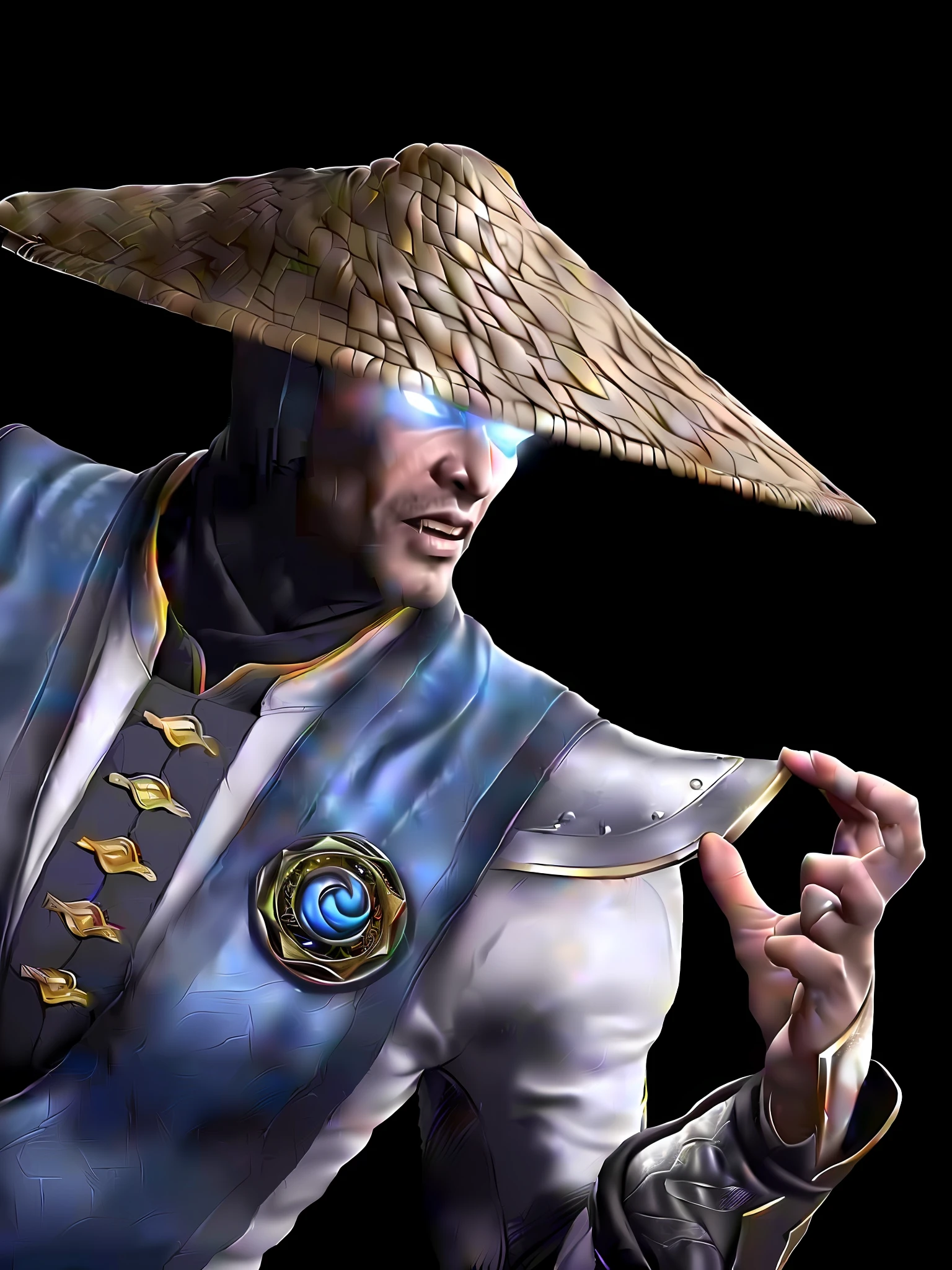 a closeup of a person wearing a hat and holding a lightning bolt, Personagem de Mortal Kombat, em Kombat mortal, inspirado em Fan Kuan, Estilo de Mortal Kombat, MK Ninja, inspirado em Ma Shi, empunhando kunai, personagem de jogo de luta, Kombat mortal, Fujin, inspirado em Shen Quan,  em Mortal Kombat, inspirado por Li Kan