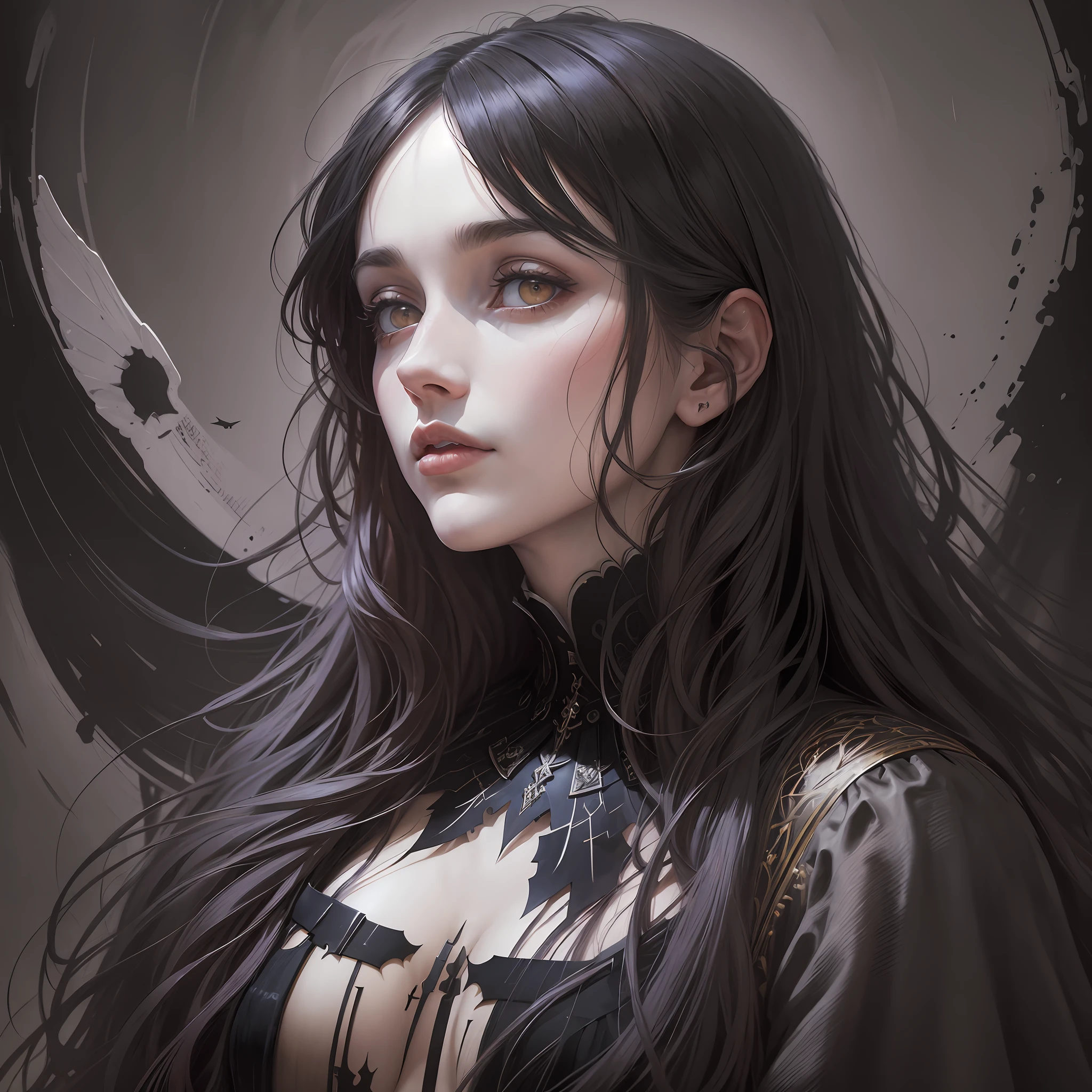 A woman with long black hair and a black dress - SeaArt AI