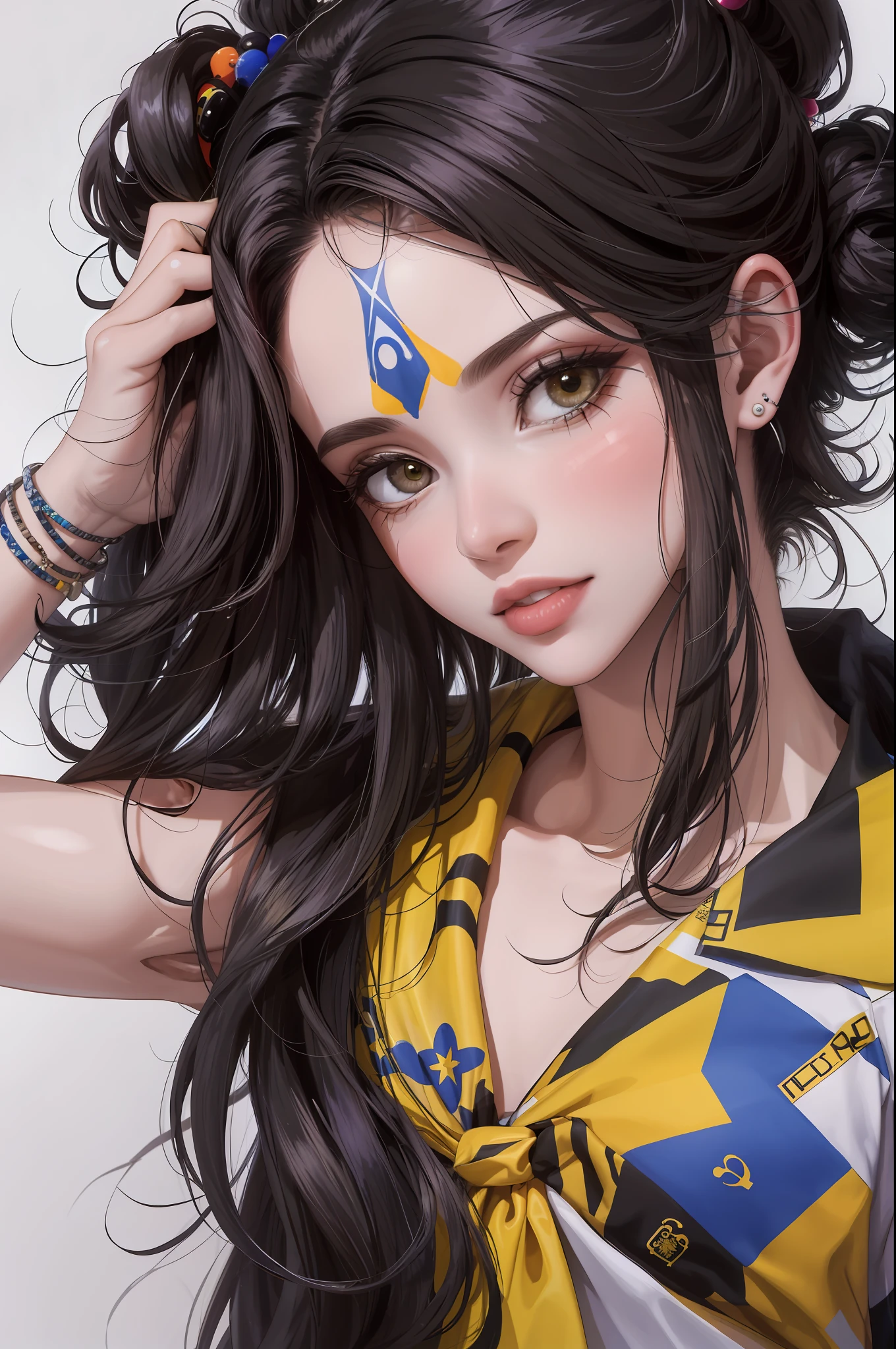 1menina, asymmetrical_pelo, peitudas negras_pelo, escuro-Pele_female, escuro_pele, ouvido_penetrante, brincos, sombra, joias, cabelo volumoso e cheio, Olhando_em_visualizador, maquiagem, toupeira, toupeira_debaixo_olho, nariz, penetrante, realista, Sozinho, stallion_Brincos