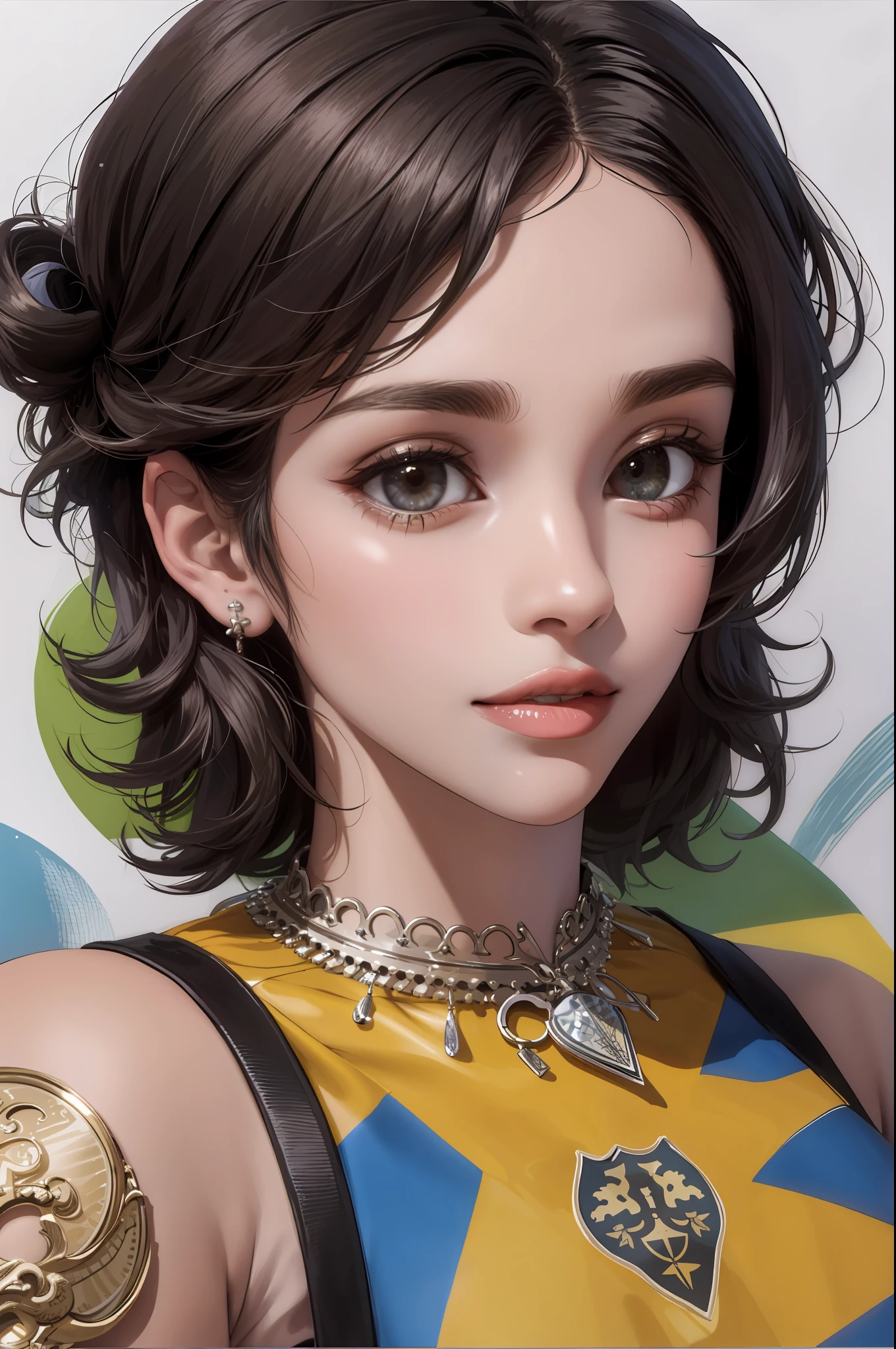 1menina, asymmetrical_pelo, peitudas negras_pelo, escuro-Pele_female, escuro_pele, ouvido_penetrante, brincos, sombra, joias, cabelo volumoso e cheio, Olhando_em_visualizador, maquiagem, toupeira, toupeira_debaixo_olho, nariz, penetrante, realista, Sozinho, stallion_Brincos