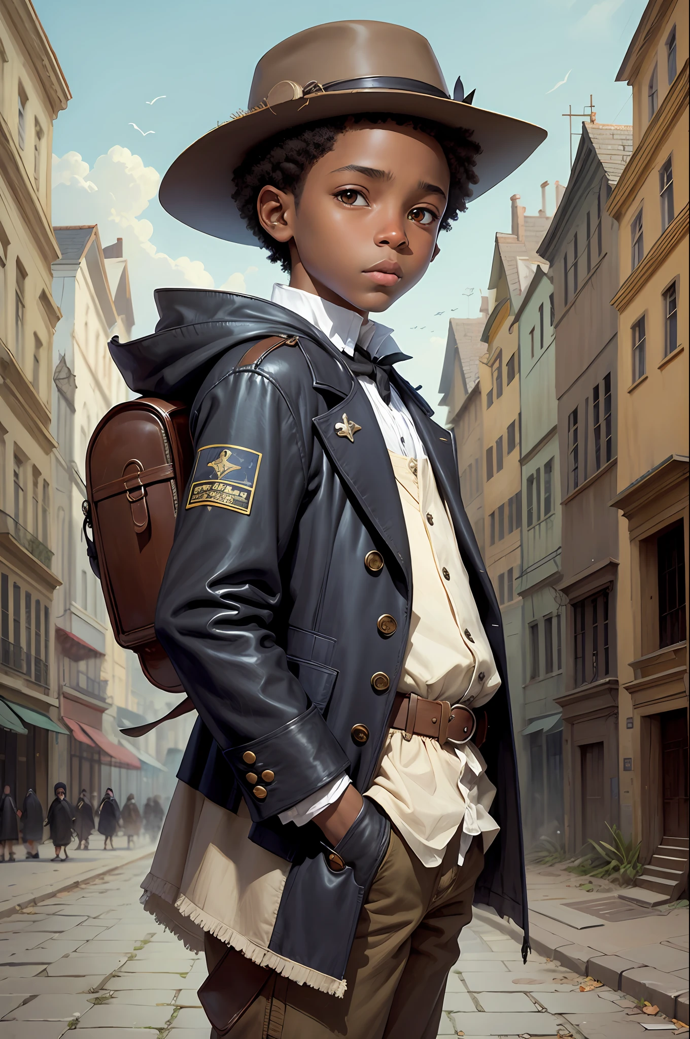 Pintura de Jean-Baptiste Monk portraying a black boy with a small surveying penguin elegant clothing, (Estilo Pixar)++, Jean-Baptiste Monge, In the apocalyptic city --Ar 2:3 --testp -otimista; --auto --s2