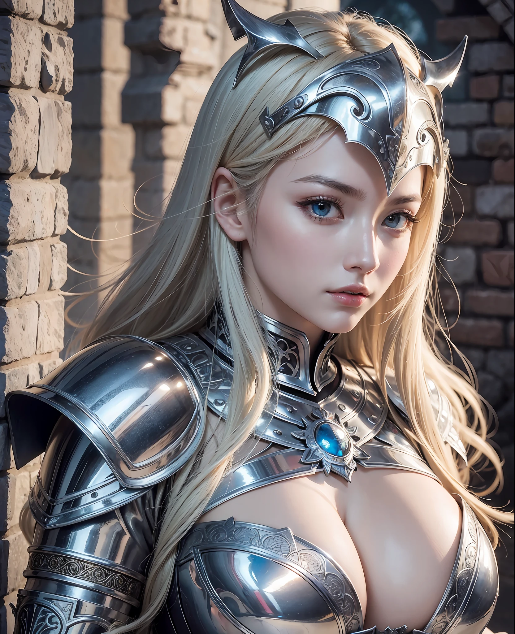 the highest quality, detailed image, colourful、, Vivid colors, (solo、, Detailed Face, flawless lighting, perfect shadows, perfect eyes, girl focus, perfect hair, perfect faces, gorgeous body), shiny body, 1girl、Shiny big、Chest with presence、cleavage between breasts、Light wavy white blonde hair、Medieval knight、(Westerners)Gorgeous silver armor、underboob、helmet、sword、Inside an old castle with midnight cobblestones、Moon、