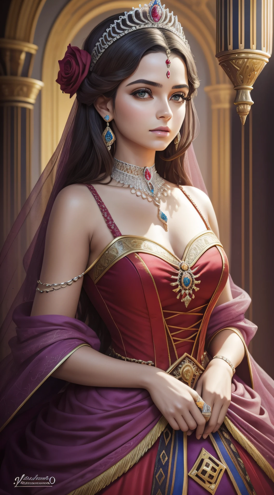 arte realista com um fundo vermelho escuro, sugerindo um clima sombrio e misterioso. No centro, destaca-se uma imagem de uma princesa, retratada como uma figura imponente e bela. She is dressed in a royal costume, com detalhes elegantes e majestosos, mas seu olhar revela uma intensidade calculada. Ao redor da imagem da princesa, escondidos nas sombras, there are symbolic elements that represent deception and ambition. Uma coroa quebrada, with fallen and worn jewelry, is in the foreground, representing the princess's relentless pursuit of the crown and the price she is willing to pay to obtain it-la. --auto --s2