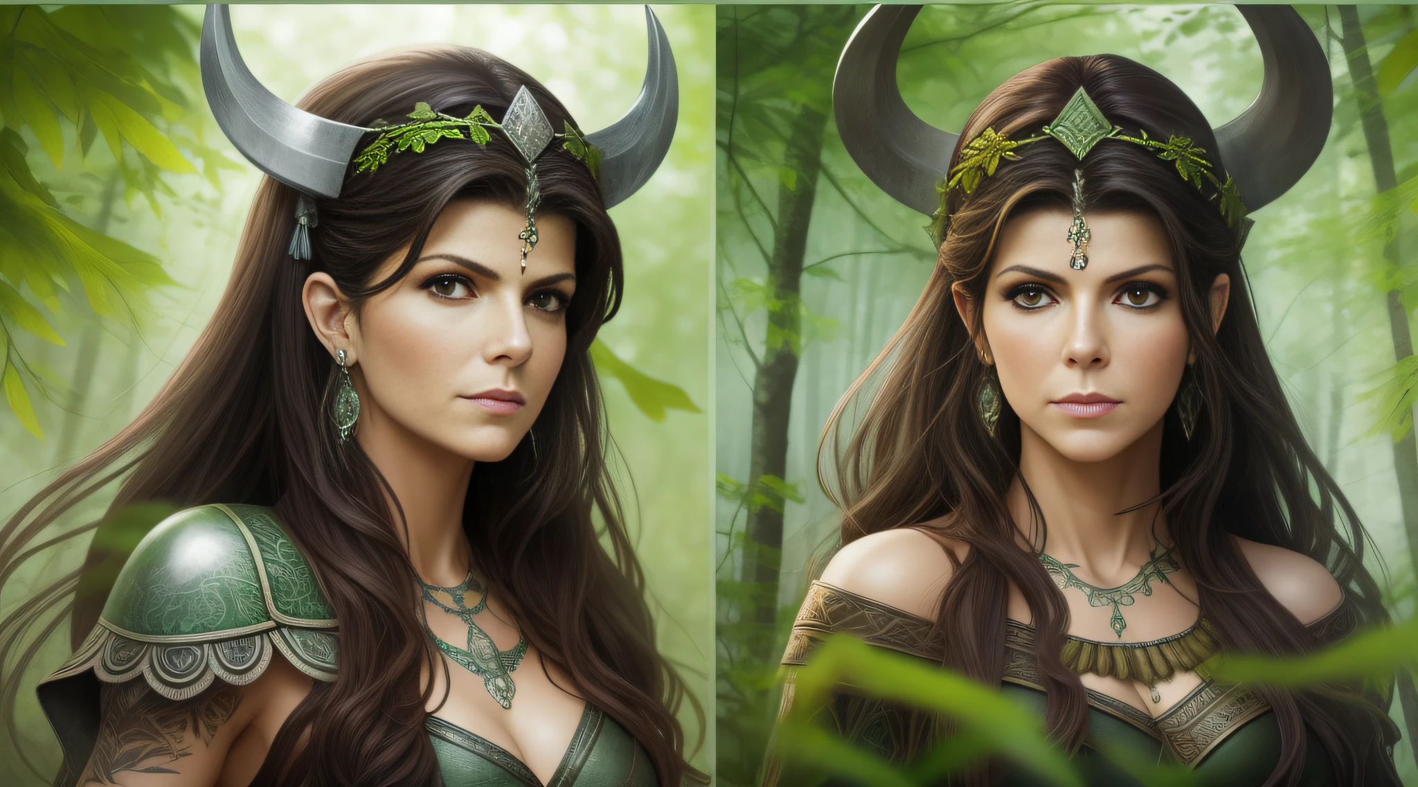 Marisa Tomei is a very beautiful woman, uma guerreira viking andando por um bosque ao amanhecer , The vegetation is green and the lights pass through the leaves of the trees, A soft mist covers the environment, roupas brancas e douradas e detalhes pretos, tatuagens celtas para o corpo. Estilo dos desenhos animados, colorido, bidimensional