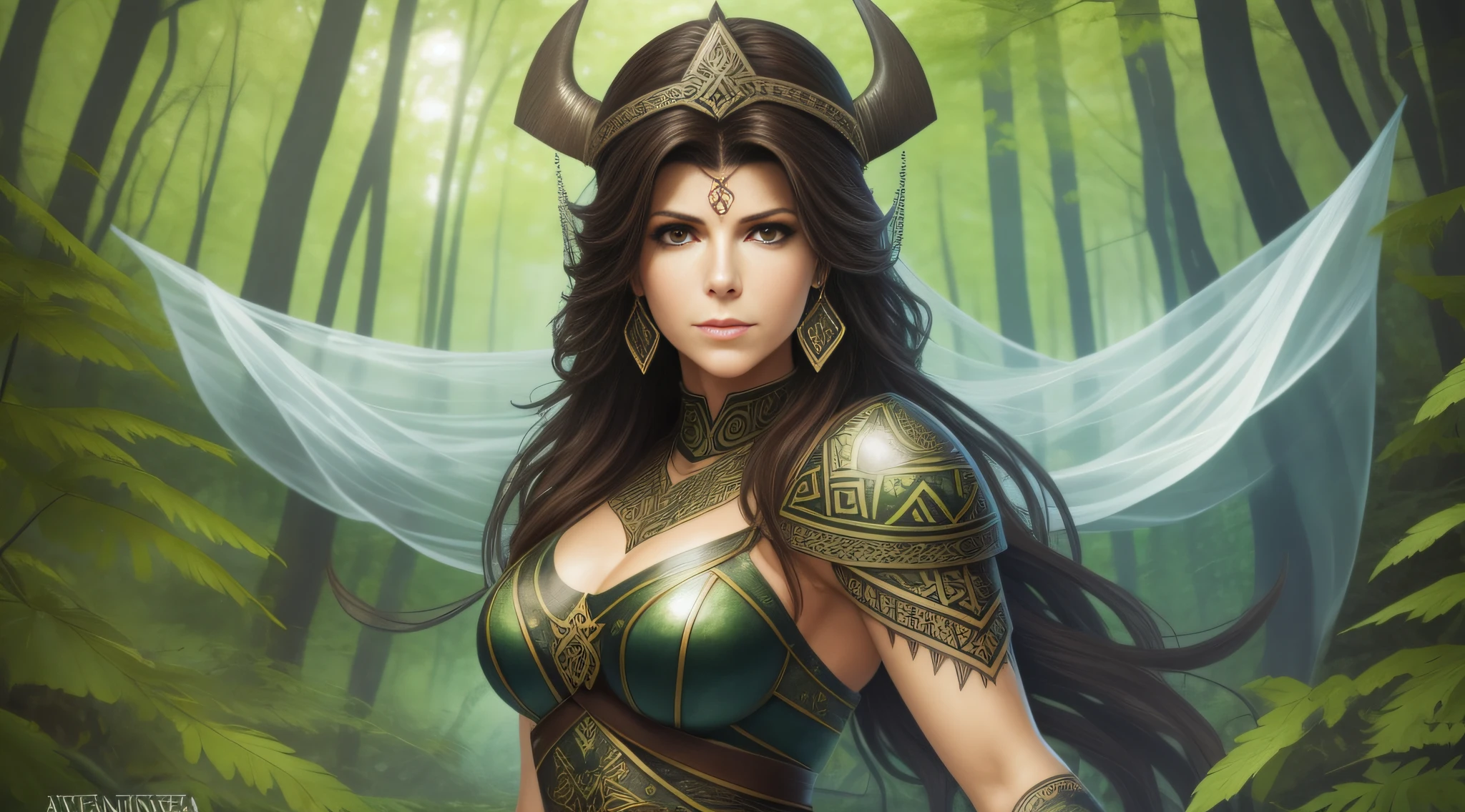 Marisa Tomei is a very beautiful woman, uma guerreira viking andando por um bosque ao amanhecer , The vegetation is green and the lights pass through the leaves of the trees, A soft mist covers the environment, roupas brancas e douradas e detalhes pretos, tatuagens celtas para o corpo. Estilo dos desenhos animados, colorido, bidimensional