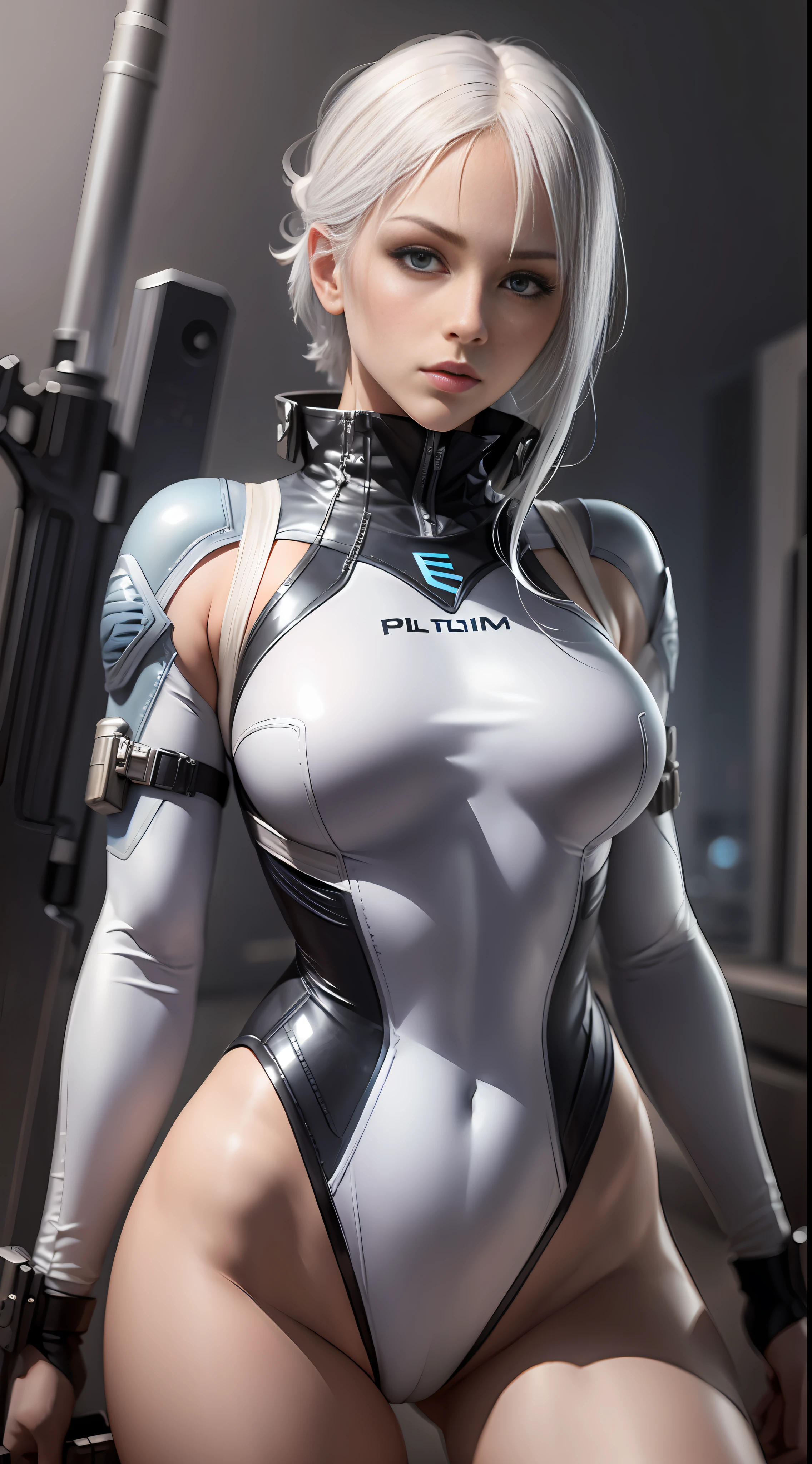 the woman　Platinum hair　Leotard　garterbelt　sniper　REALISTIC　Plain background