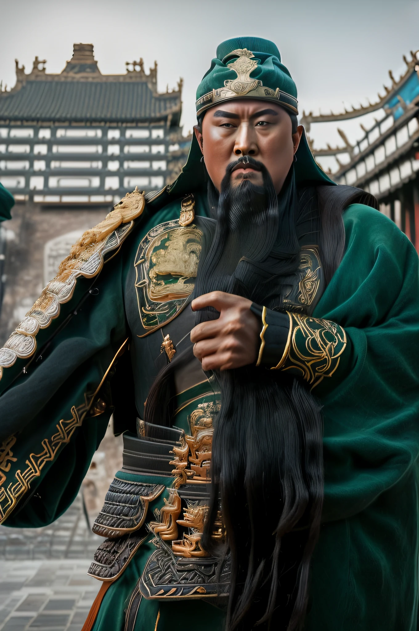 The whole body, including the crown of the head, is in the picture, (green clothes, fearless and intelligent face, (colored skin), (waist-length, heavy black beard): 1.2), (clothes of the Three Kingdoms era: 1.2), long pants, (insanely detailed, bloom: 1.5), (best quality, photo, 4K), (photo: 1.2), (high sharpness), (detailed pupil: 1.1), (photo: 1.1), detailed face and eyes, Masterpiece, Top Quality, (HD Photo:1.1), 8k, Photorealistic, (Black Hair Color), (pureerosface_v1:0.2), [:(More Face:1.2):0.2], Sharp, Real, Real Shadow, (Chinese Castle Background: 1.2), Guan Yu alone.