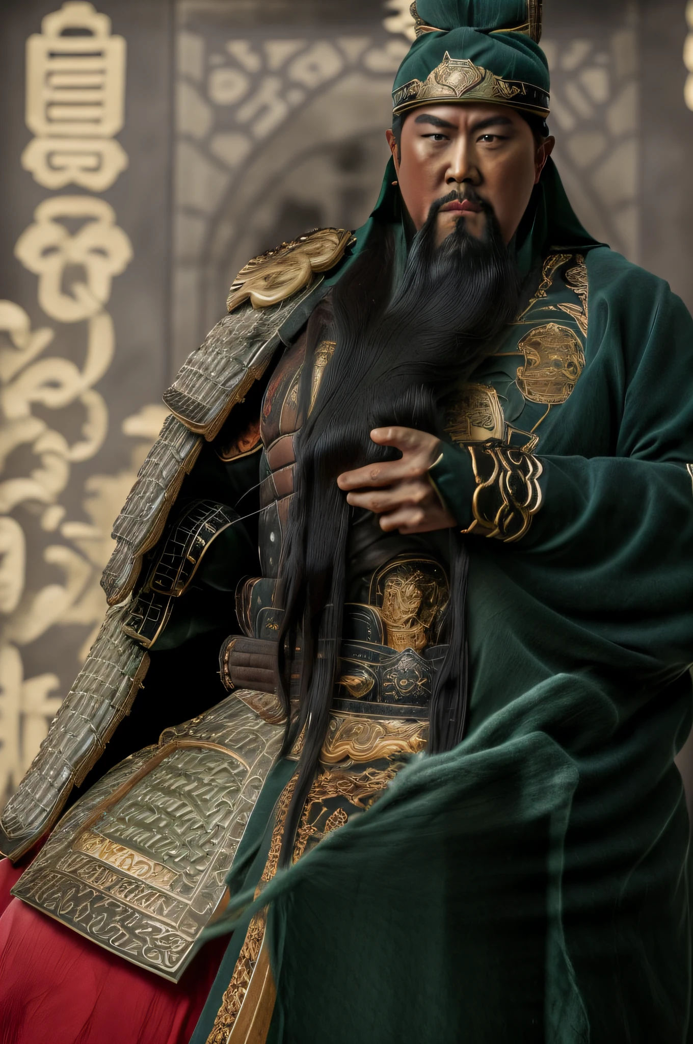 The whole body, including the crown of the head, is in the picture, (green clothes, fearless and intelligent face, (colored skin), (waist-length, heavy black beard): 1.2), (clothes of the Three Kingdoms era: 1.2), long pants, (insanely detailed, bloom: 1.5), (best quality, photo, 4K), (photo: 1.2), (high sharpness), (detailed pupil: 1.1), (photo: 1.1), detailed face and eyes, Masterpiece, Top Quality, (HD Photo:1.1), 8k, Photorealistic, (Black Hair Color), (pureerosface_v1:0.2), [:(More Face:1.2):0.2], Sharp, Real, Real Shadow, (Chinese Castle Background: 1.2), Guan Yu alone.