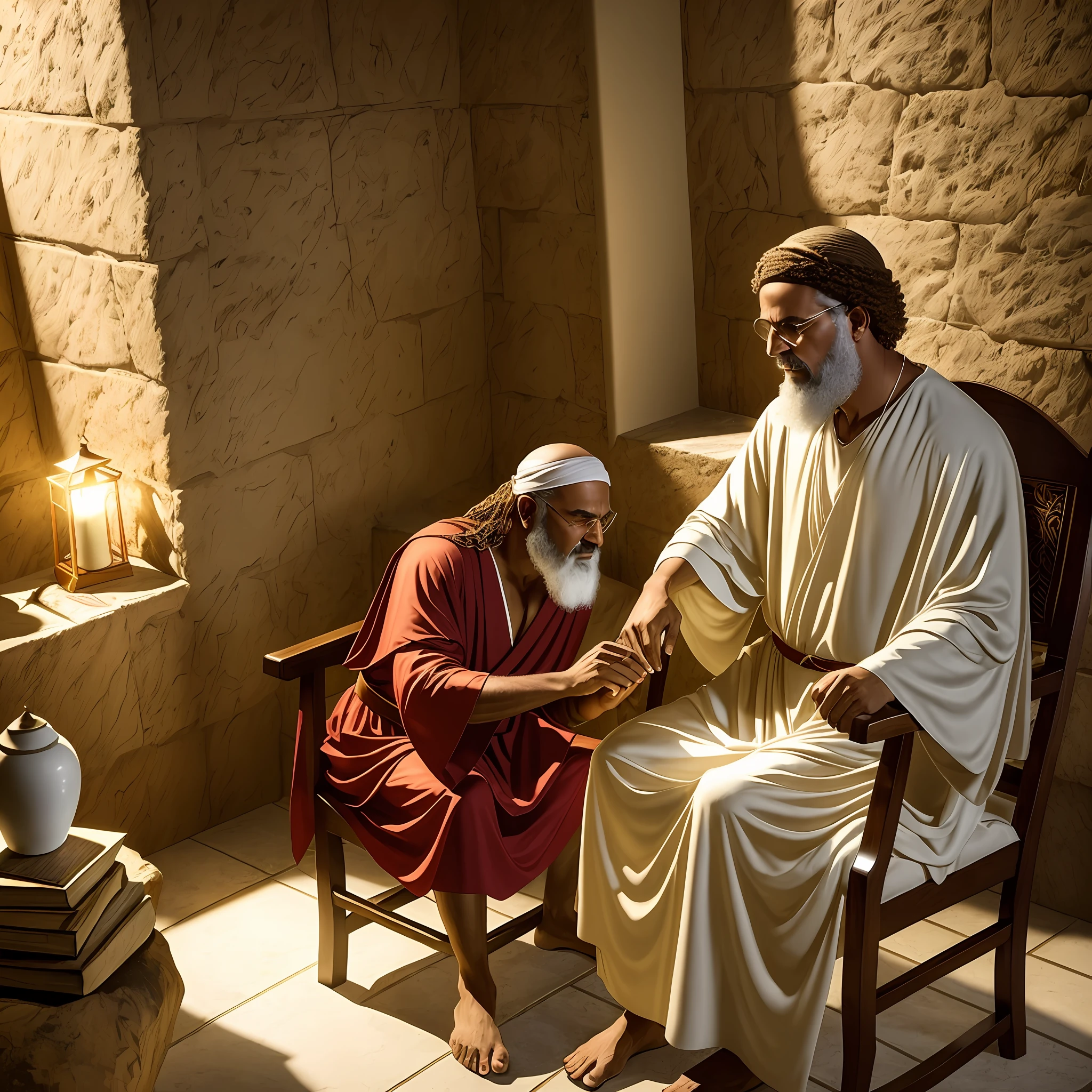 A cena se passa em uma sala iluminada por uma suave luz dourada que atravessa as janelas antigas, Creating a mystical and sacred environment. The disciple Ananias, A wise and compassionate man, is standing before the apostle Paul, who is sitting in a chair, visibly distressed by the loss of his vision. --auto --s2