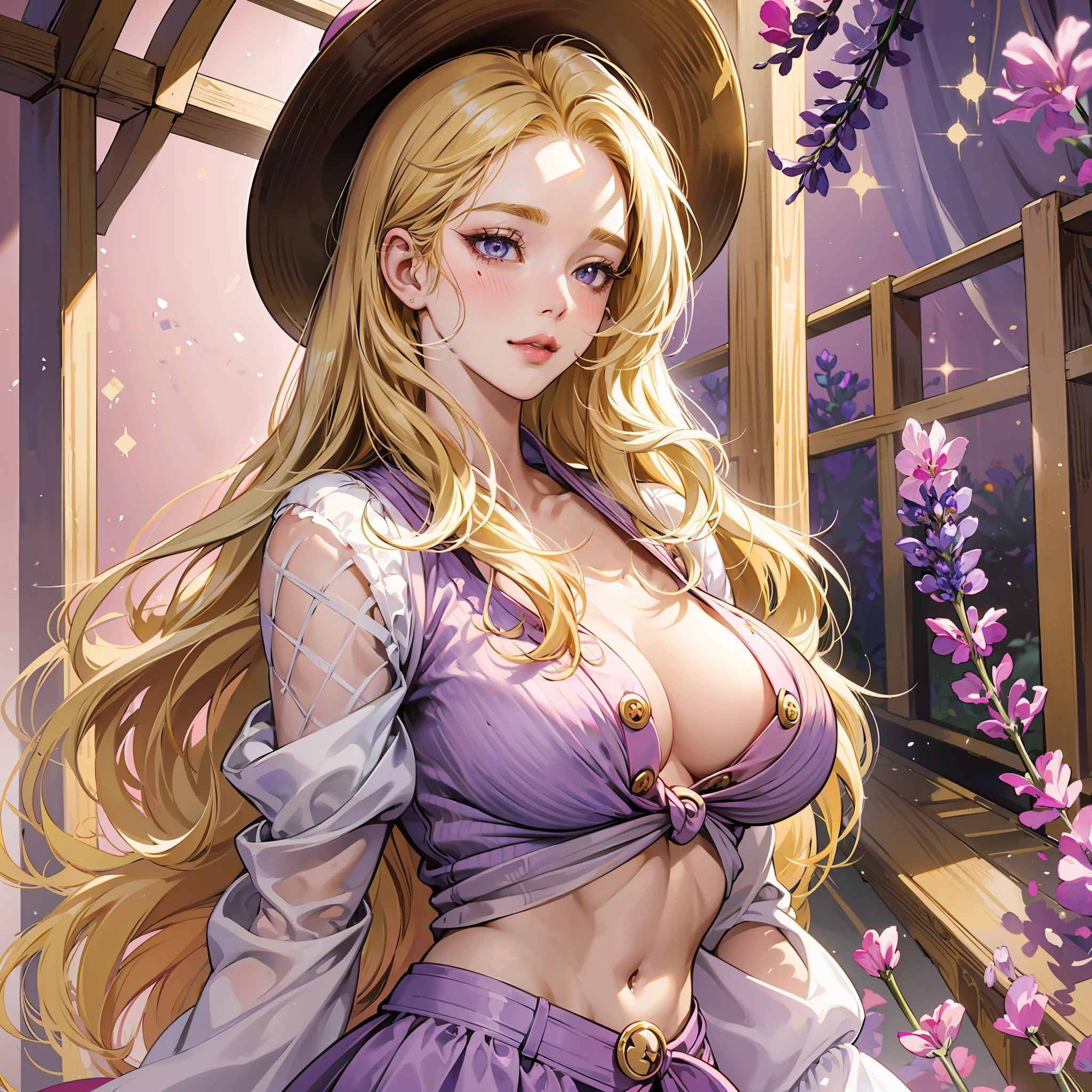 Anime woman, Cheekbones, detailed lips, blushing cheeks, long hair, ((golden blonde hair)), 25 years old, button nose, glossy lips, pink lipstick, ((lavender eyes)), round cheeks, D-cup breasts, casual clothes, Pokémon trainer, full lips, sweet smile, flat stomach, detailed eyes, masterpiece, tall, graceful, strong arms, cowgirl hat, fried chicken bucket --auto --s2
