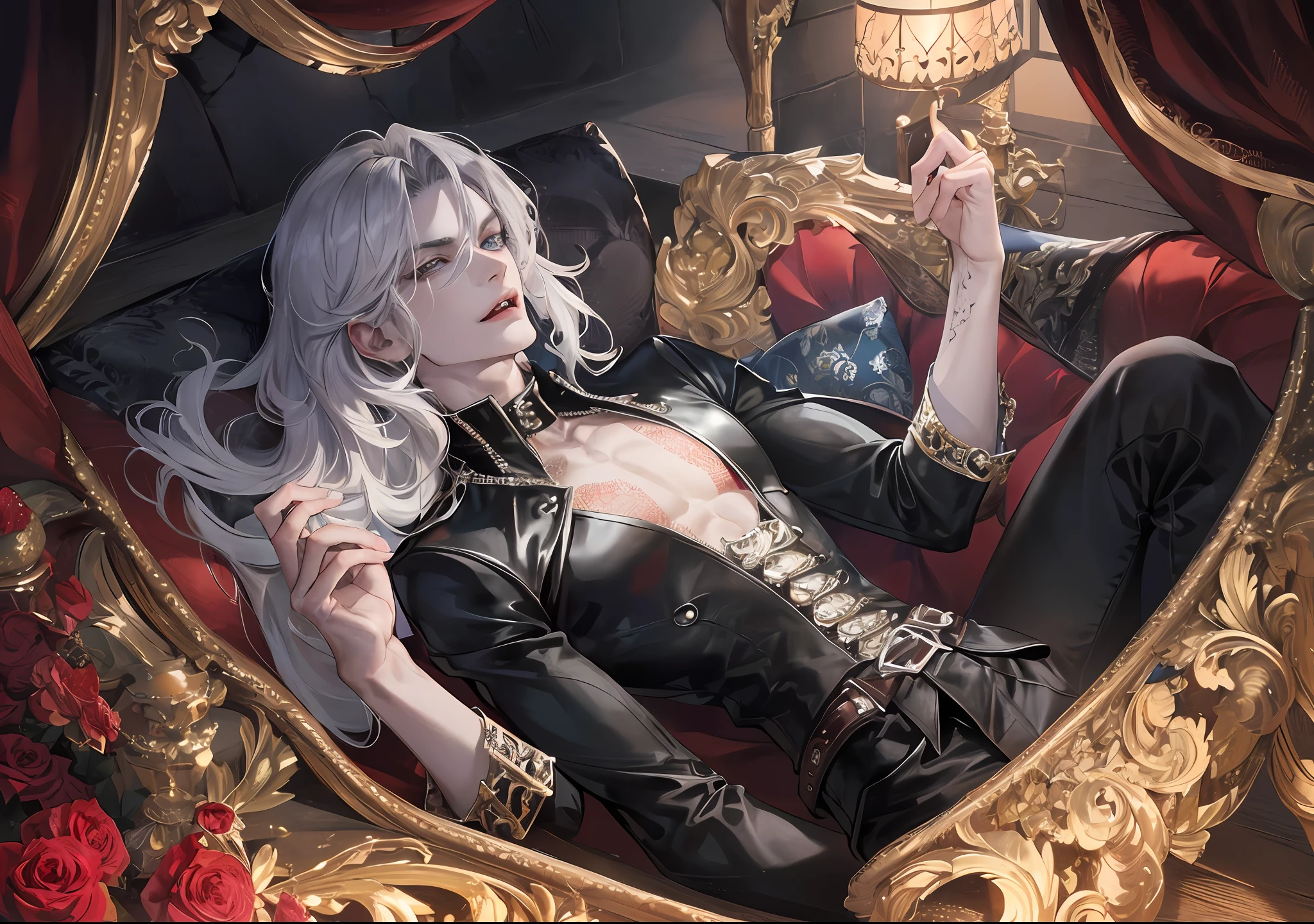 man, vampire, masculine, masculine face, attractive, muscular, ((1man)), masterpiece, absurdres, best quality ,intricate details , (shiny skin, shiny body, shiny oily luster skin, shiny hair, pale skintone), old castle, Sundown, attractive, ((muscular)), adult, one, tattoo in his chest ,black blouse, earrings, black pants, Don't look at the view , Not looking at the view, red short hair, perfect detailed face, perfect detailed hands, vampire fangs, blue eyes, ((MLS)), medium large shoot