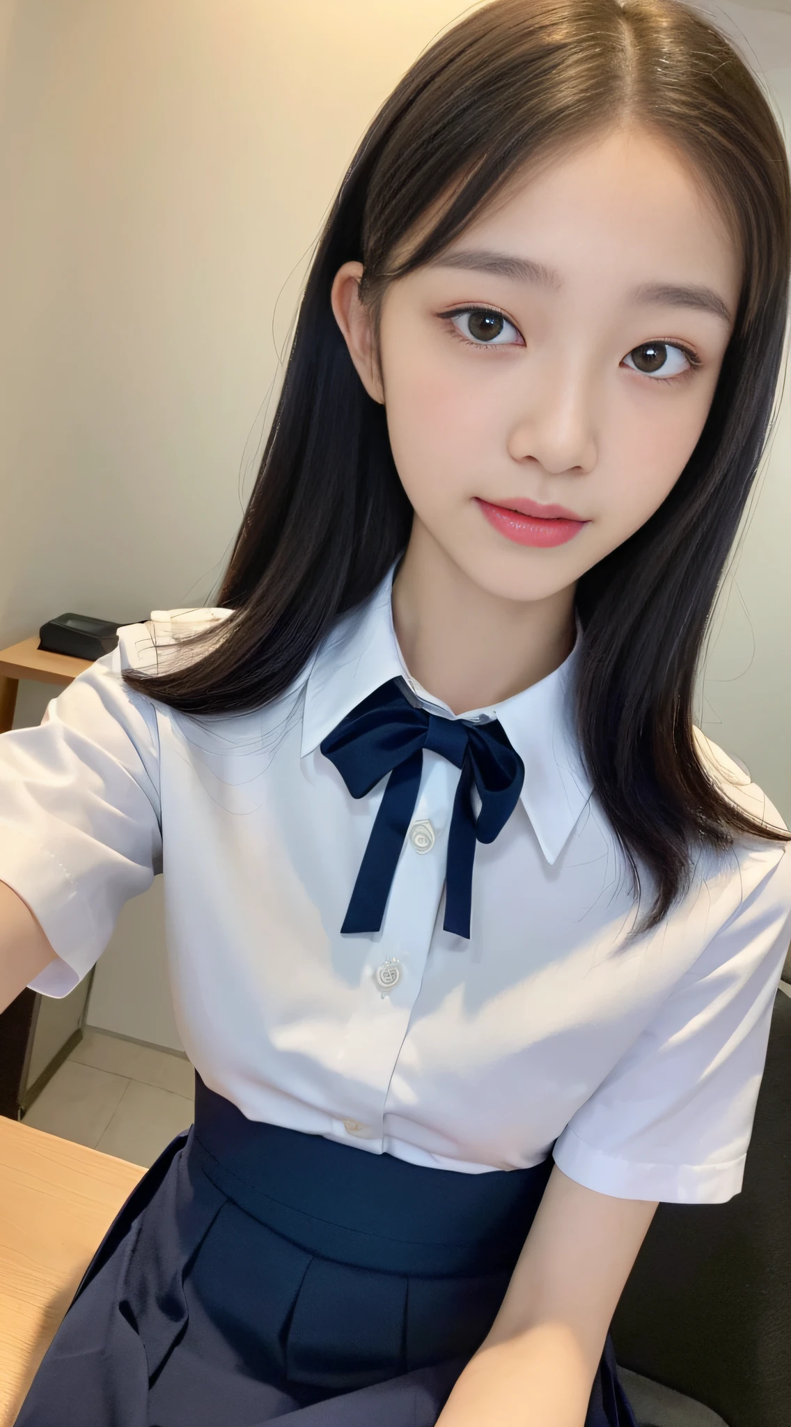 ((Best Quality, 8K, Masterpiece: 1.3)), 1 girl, slim, (short sleeves JK_shirt), JK_style, (navy JK_skirt), ultra-slender face, delicate eyes, double eyelids, drooping eyes, smile, 