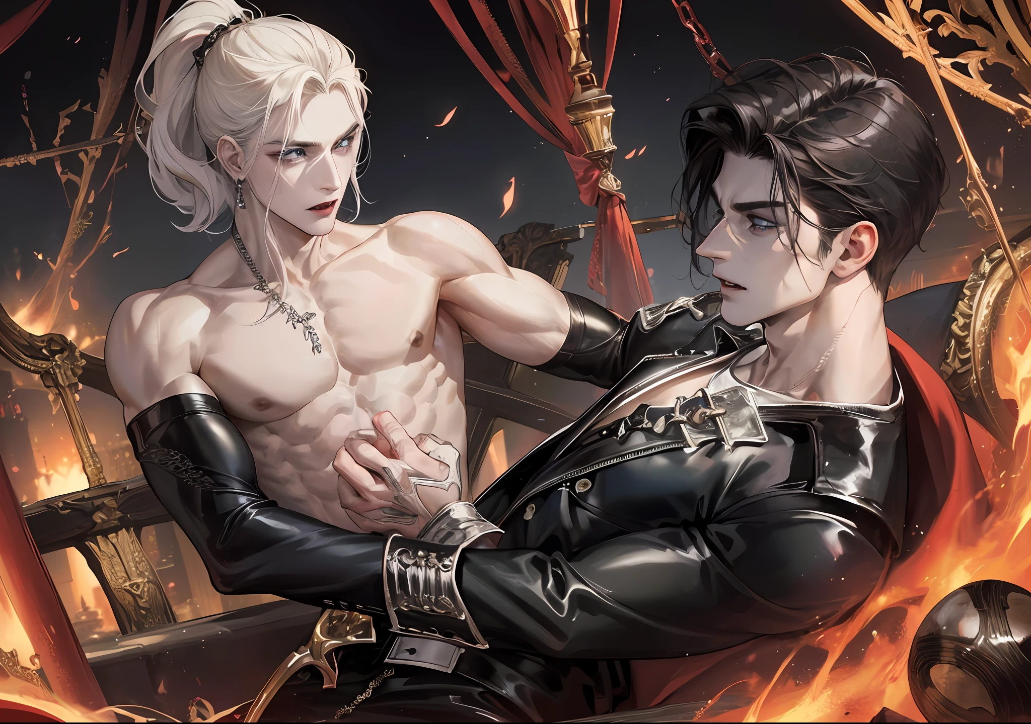 man, vampire, masculine, masculine face, attractive, muscular, ((1man)), masterpiece, absurdres, best quality ,intricate details , (shiny skin, shiny body, shiny oily luster skin, shiny hair, pale skintone), old castle, Sundown, attractive, ((muscular)), adult, one, tattoo in his chest ,black blouse, earrings, black pants, Don't look at the view , Not looking at the view, red short hair, perfect detailed face, perfect detailed hands, vampire fangs, blue eyes, ((MLS)), medium large shoot