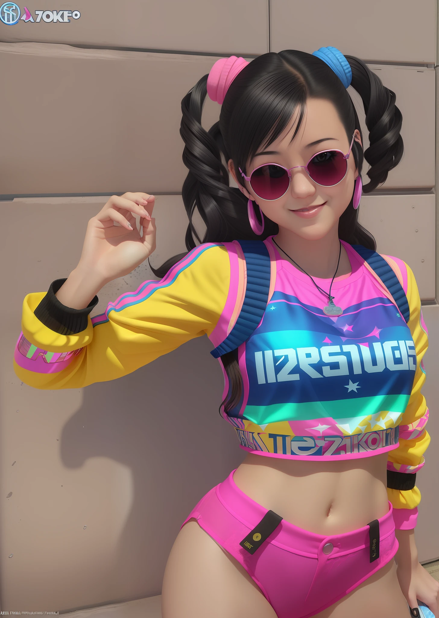 Amai Liu, dancing, smile, Girl with stunning 3D resolution 12K character in style [gritty Aerob], seios grandes, top rosa, brincos grandes, maquiagem, fones de ouvido neon, large neon sunglasses, cabelo preto longo, chibi em detalhes (corpo inteiro), cidade de fundo, altamente detalhado, brilhante, ultra alta qualidade, hiper-realismo, fotorrealismo, [octano render].