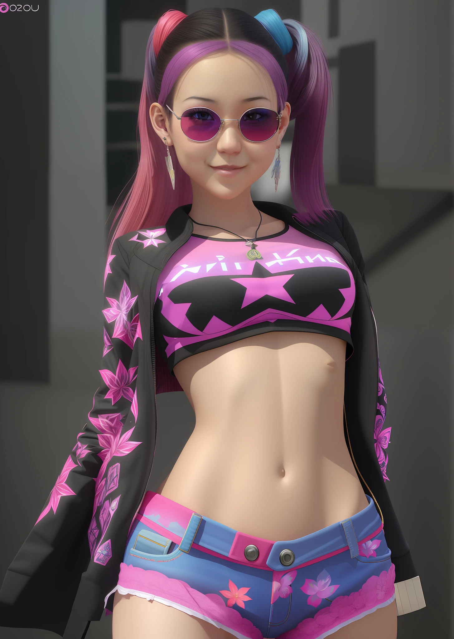 Amai Liu, dancing, smile, Girl with stunning 3D resolution 12K character in style [gritty Aerob], seios grandes, top rosa, brincos grandes, maquiagem, fones de ouvido neon, large neon sunglasses, cabelo preto longo, chibi em detalhes (corpo inteiro), cidade de fundo, altamente detalhado, brilhante, ultra alta qualidade, hiper-realismo, fotorrealismo, [octano render].