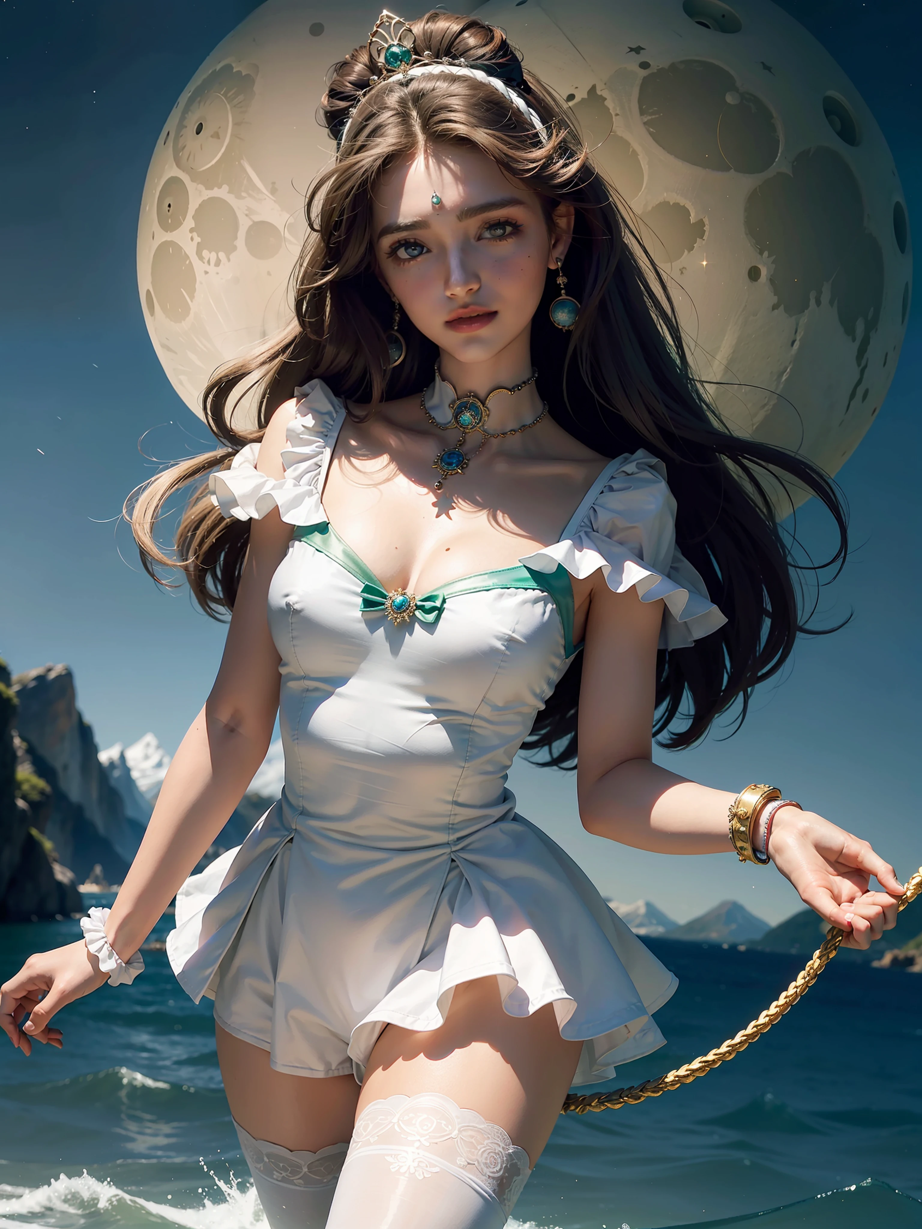 obra maestra,La mejor calidad,absurdos,anatomia perfecta,SAMA1,tiara,Sailor Moon Jupiter,Guantes blancos,Collar marinero verde,falda verde,Gargantilla estrella,guantes de codo,falda plisada,piernas desnudas,purple bow,espacio,luna,Disparo de vaquero,sonrisa,arco de llama,