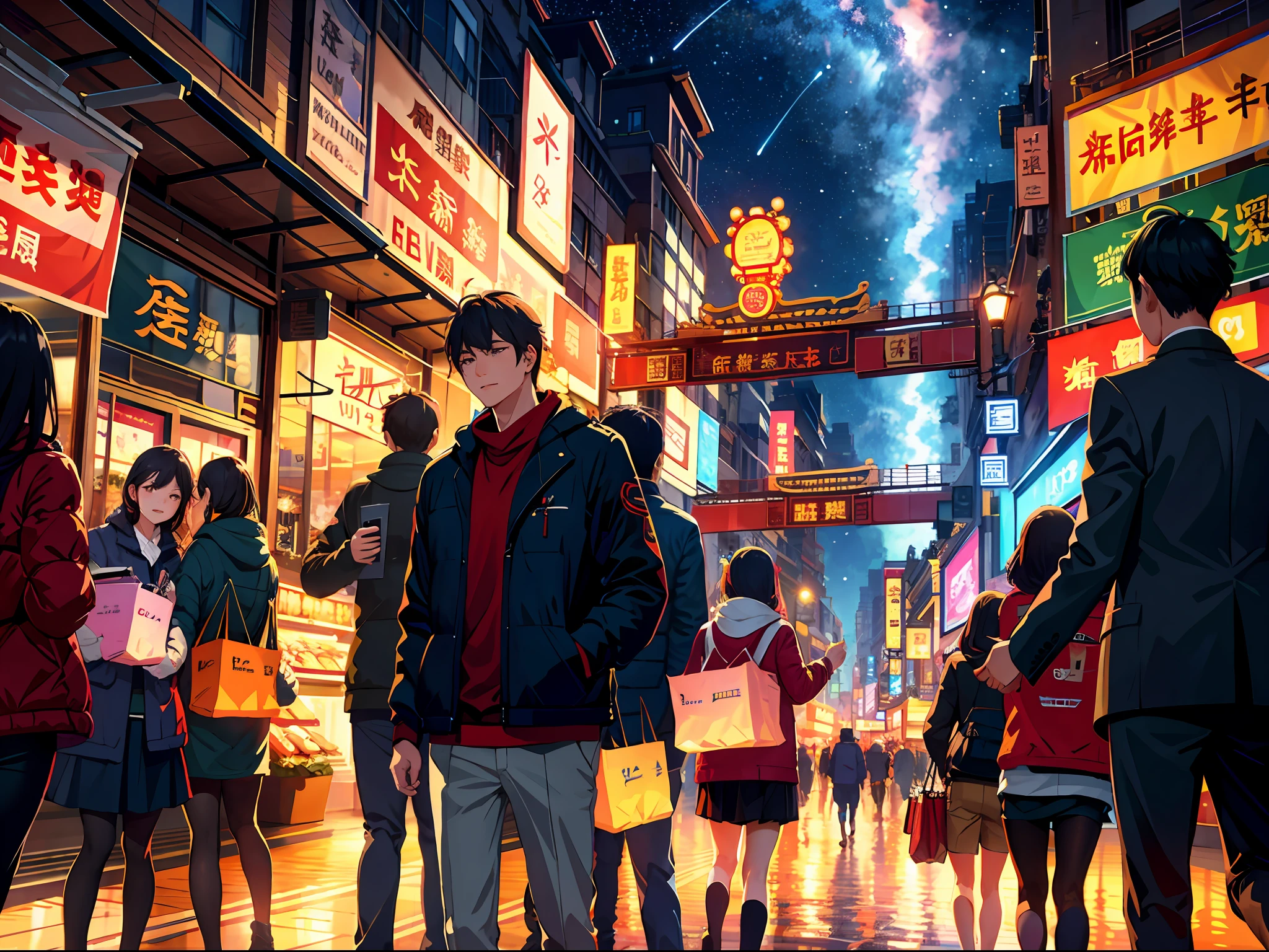 high resolusion,maximum quality,illustartion,Ultra detailed,city at night,Crowds shopping,xingguang,Meteor shower,light beam