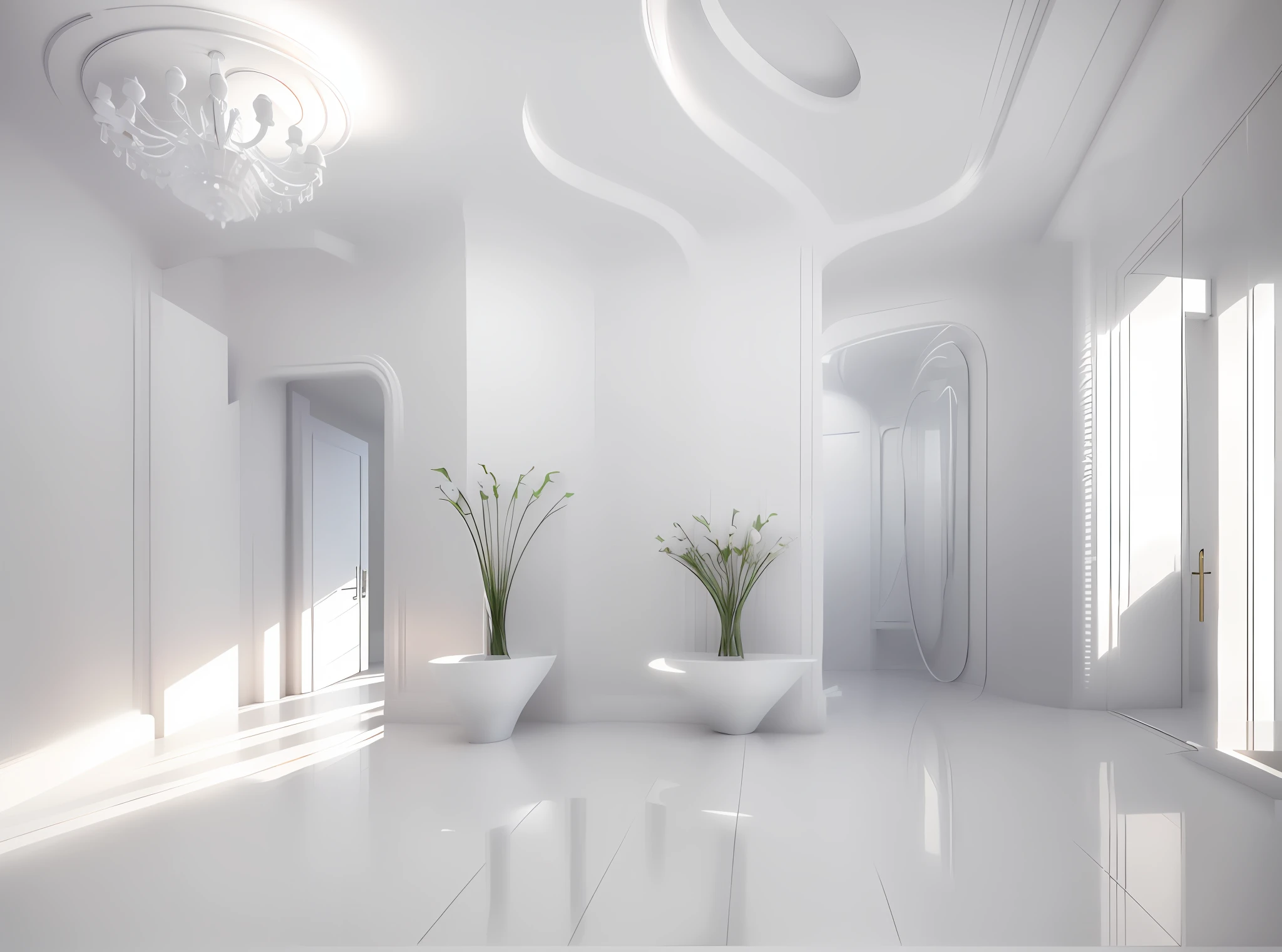 there is a white room with a chandelier and two planters, all white render, in style of 3d render, futuristic hall, render 3d bem iluminado, Quarto Branco, excellent 3d render, clean 3 d render, high quality 3 d render, high quality 3d render, volumetric lighting futuristic, Renderizado em 3 dsmax, imagem renderizada, renderizado em vray --auto --s2