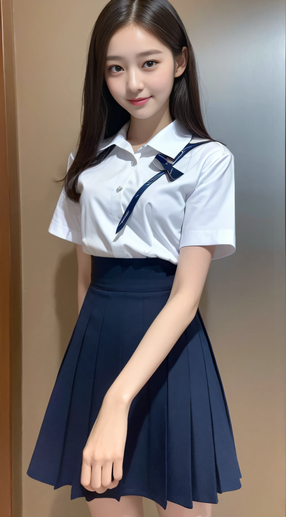 ((Best Quality, 8K, Masterpiece: 1.3)), 1 girl, slim, (short sleeves JK_shirt), JK_style, (navy JK_skirt), ultra-slender face, delicate eyes, double eyelids, drooping eyes, smile, 17 years old