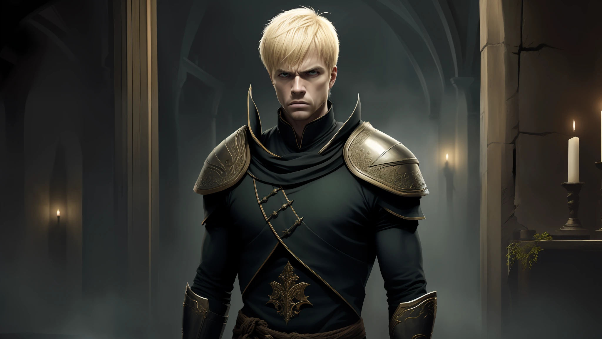 Realistic image of a blond man, forte, alto, olhos azuis, short hair combed back, expression of fury, Dress in black cleric's clothes, ombreiras com detalhes dourados, Standing in a rustic and dark room, with a green mist at the height of the shins