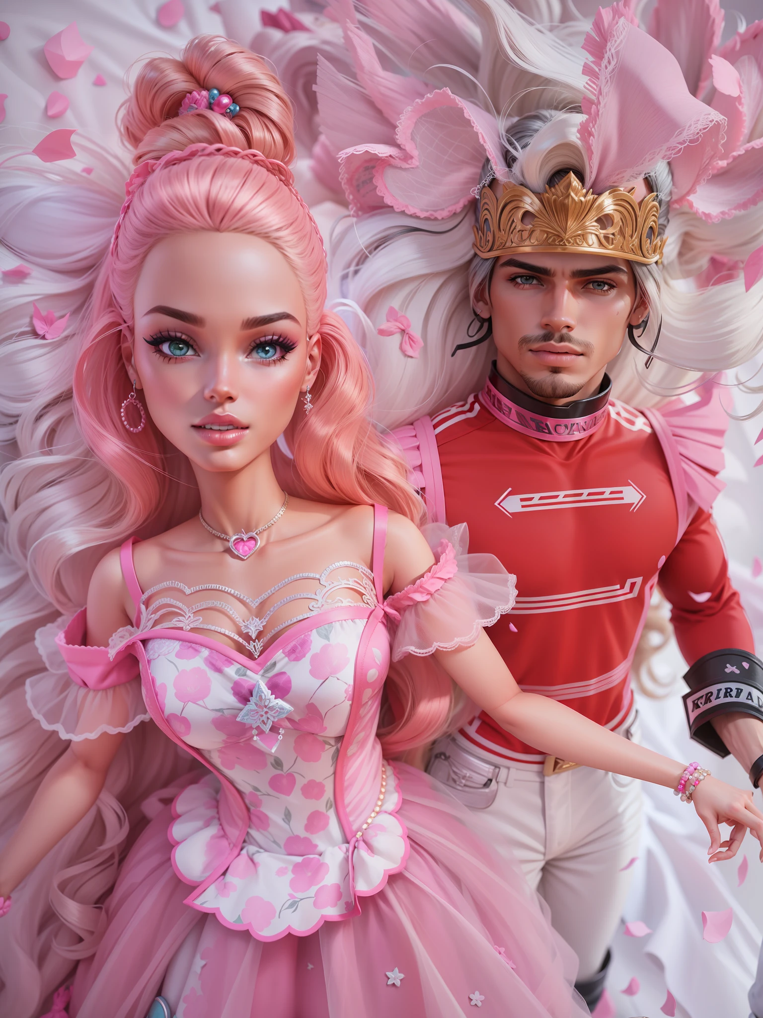 Barbie e ken, barbie loira usando uma coroa e ken moreno claro usando uma coroa.